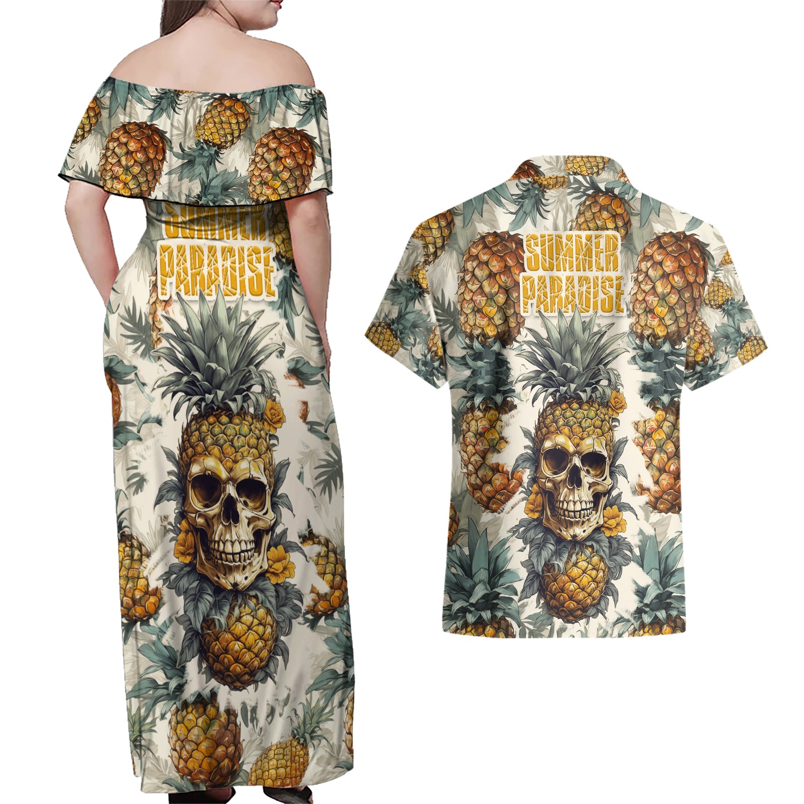 pineapple-skull-couples-matching-off-shoulder-maxi-dress-and-hawaiian-shirt-summer-paradise