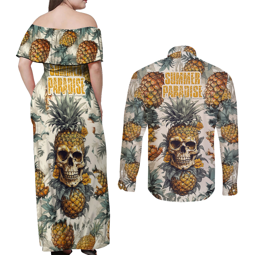 pineapple-skull-couples-matching-off-shoulder-maxi-dress-and-long-sleeve-button-shirts-summer-paradise