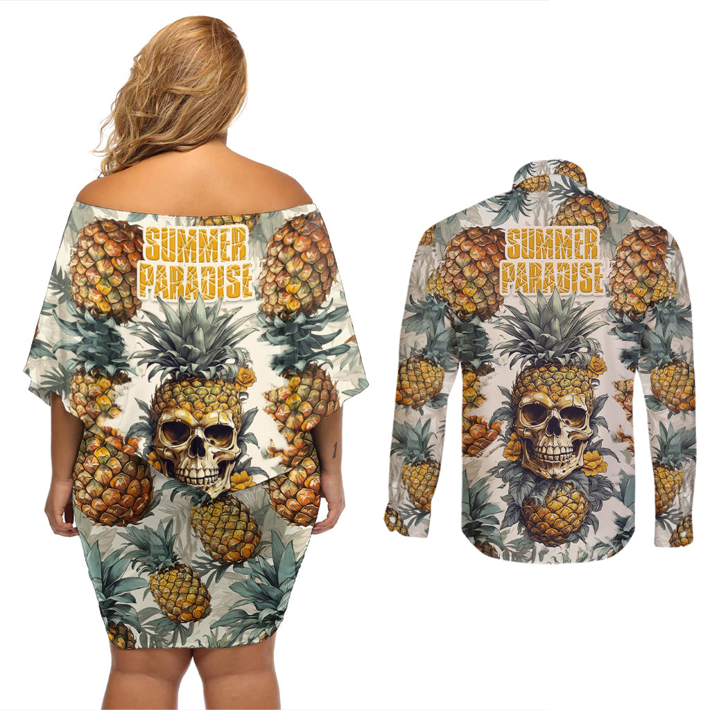 pineapple-skull-couples-matching-off-shoulder-short-dress-and-long-sleeve-button-shirts-summer-paradise