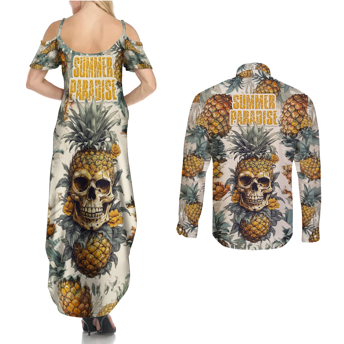 pineapple-skull-couples-matching-summer-maxi-dress-and-long-sleeve-button-shirts-summer-paradise