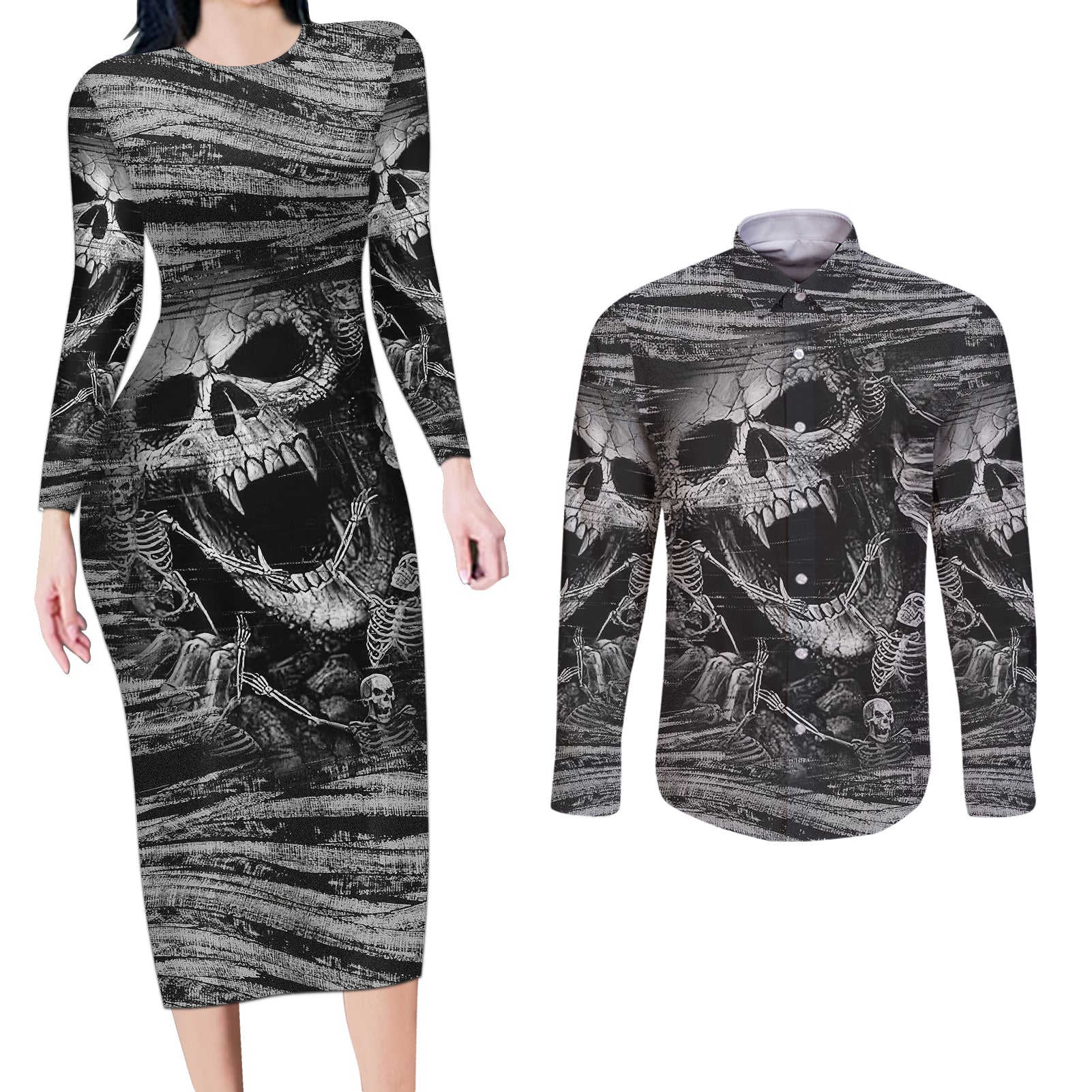 black-and-white-metallica-skull-couples-matching-long-sleeve-bodycon-dress-and-long-sleeve-button-shirts