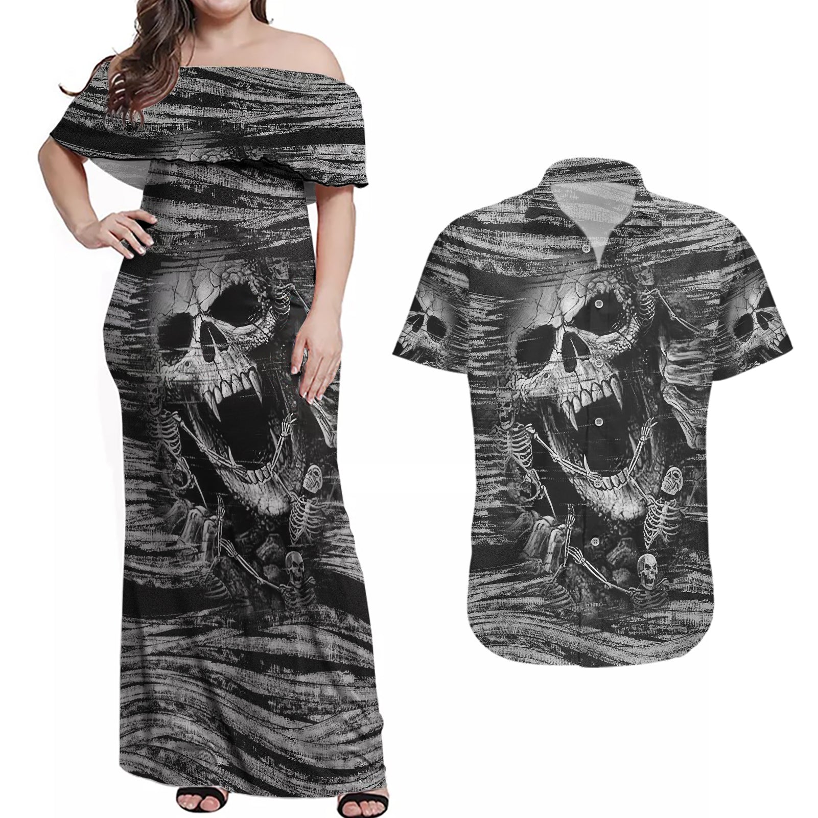 black-and-white-metallica-skull-couples-matching-off-shoulder-maxi-dress-and-hawaiian-shirt