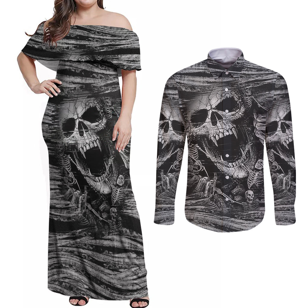 black-and-white-metallica-skull-couples-matching-off-shoulder-maxi-dress-and-long-sleeve-button-shirts