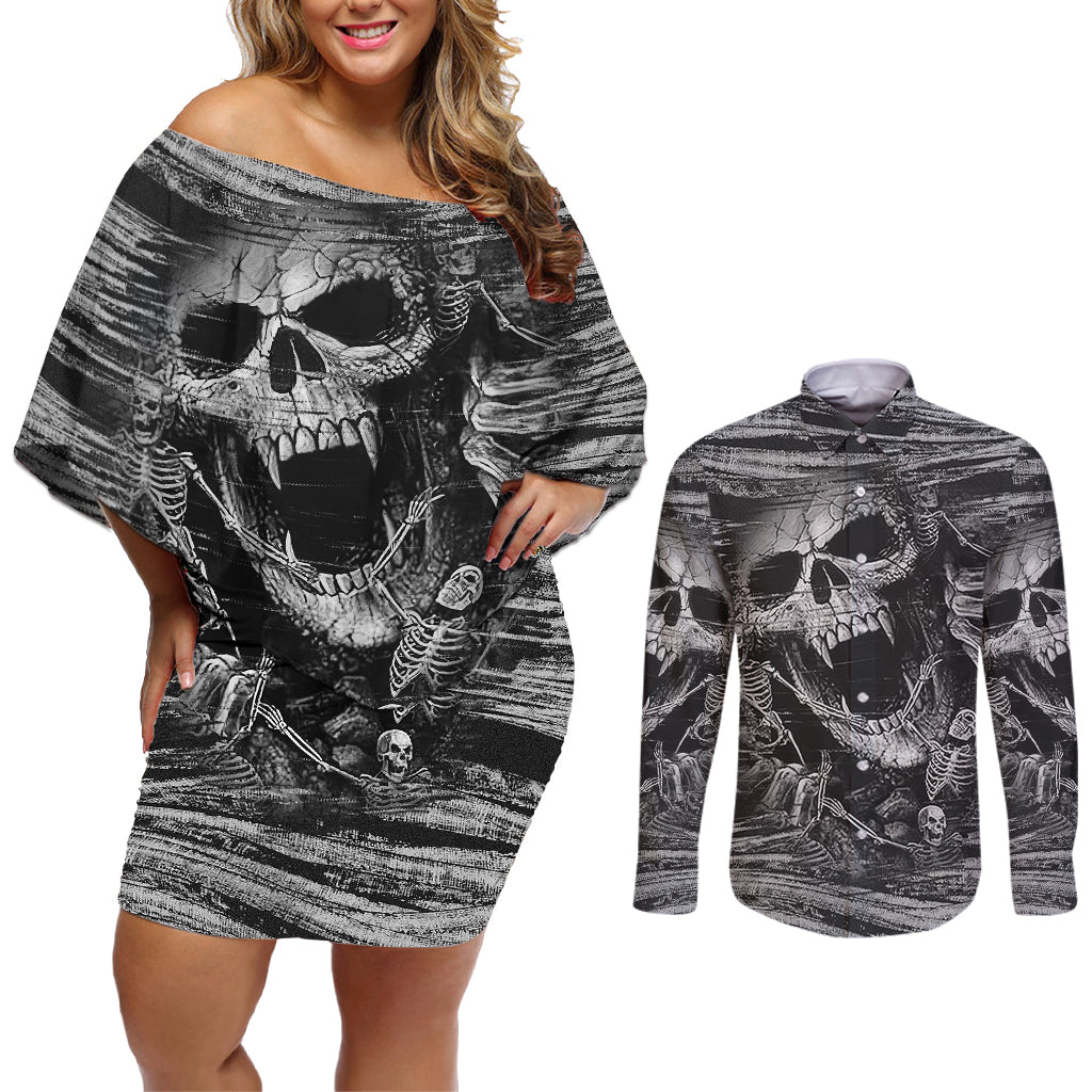 black-and-white-metallica-skull-couples-matching-off-shoulder-short-dress-and-long-sleeve-button-shirts