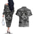 black-and-white-metallica-skull-couples-matching-off-the-shoulder-long-sleeve-dress-and-hawaiian-shirt