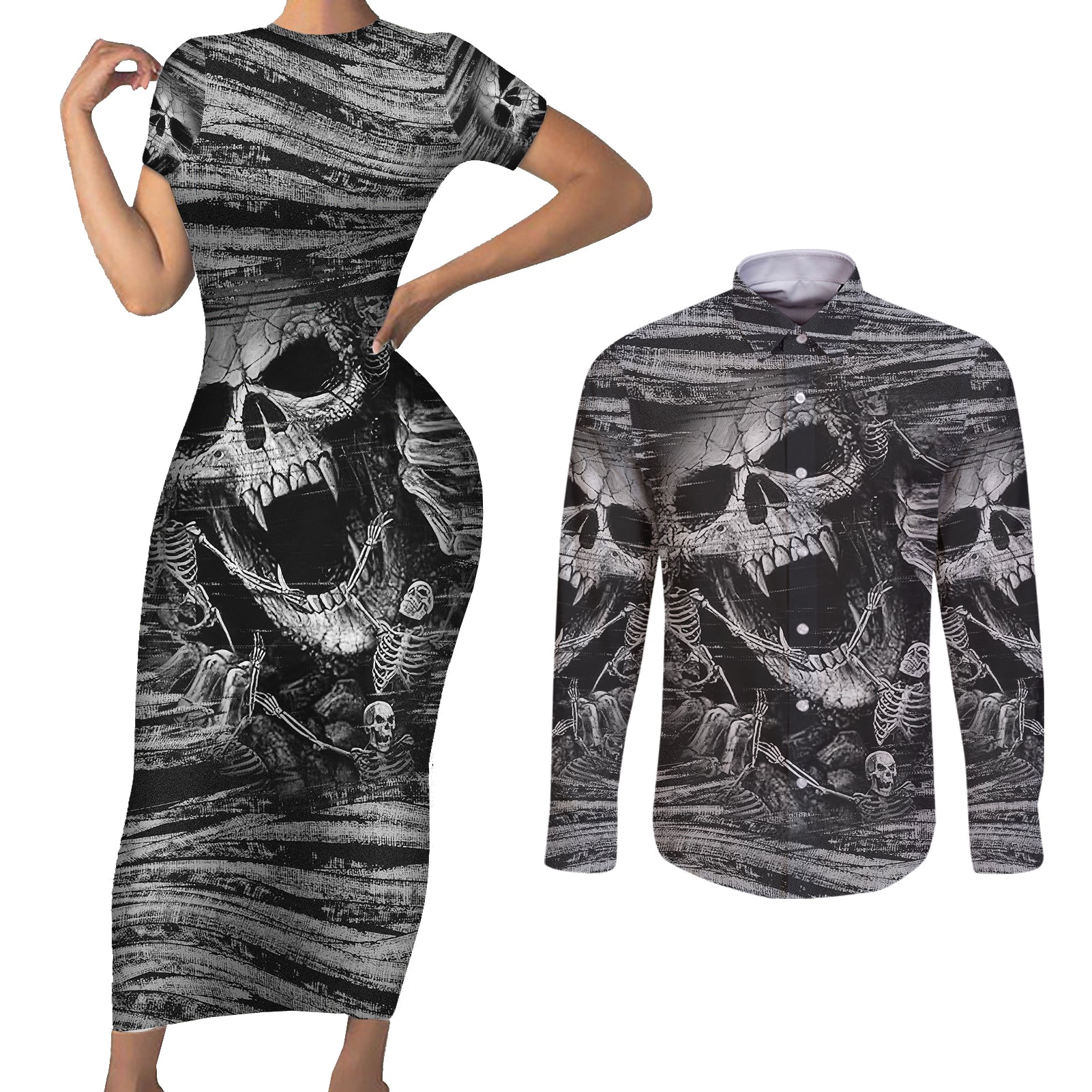 black-and-white-metallica-skull-couples-matching-short-sleeve-bodycon-dress-and-long-sleeve-button-shirts