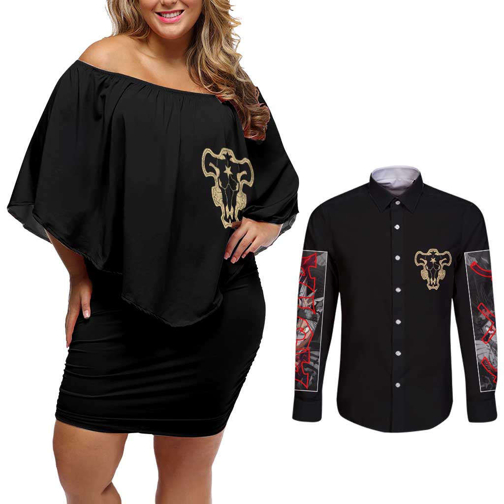 Asta Black Clover Couples Matching Off Shoulder Short Dress and Long Sleeve Button Shirt Anime Style