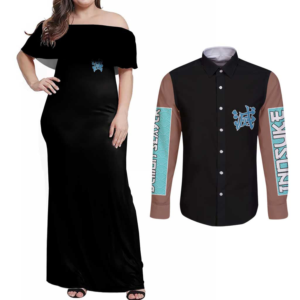 Hashibira Inosuke Demon Slayer Couples Matching Off Shoulder Maxi Dress and Long Sleeve Button Shirt Anime Style