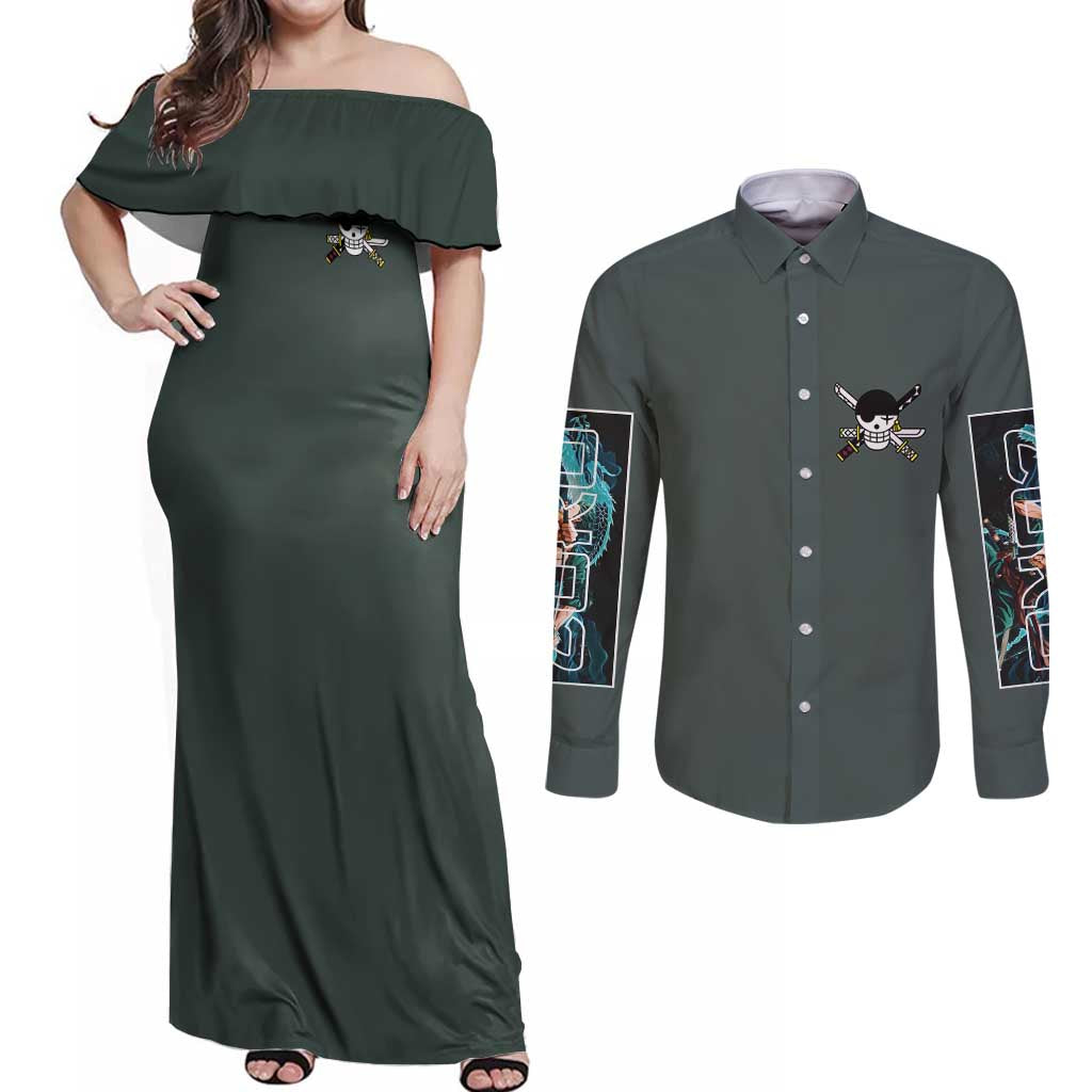 Roronoa Zoro V2 One Piece Couples Matching Off Shoulder Maxi Dress and Long Sleeve Button Shirt Anime Style