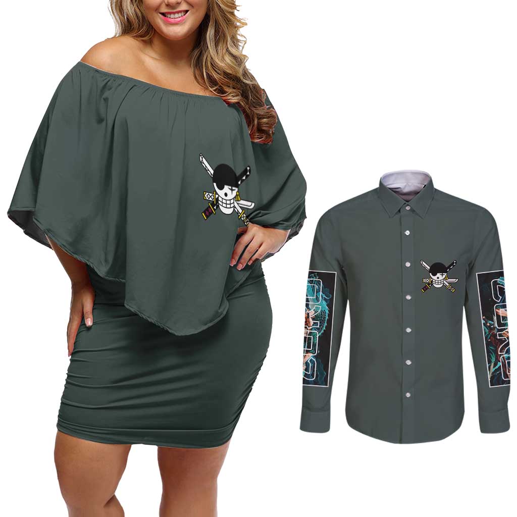 Roronoa Zoro V2 One Piece Couples Matching Off Shoulder Short Dress and Long Sleeve Button Shirt Anime Style