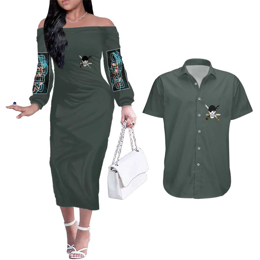 Roronoa Zoro V2 One Piece Couples Matching Off The Shoulder Long Sleeve Dress and Hawaiian Shirt Anime Style