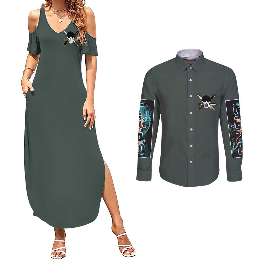 Roronoa Zoro V2 One Piece Couples Matching Summer Maxi Dress and Long Sleeve Button Shirt Anime Style