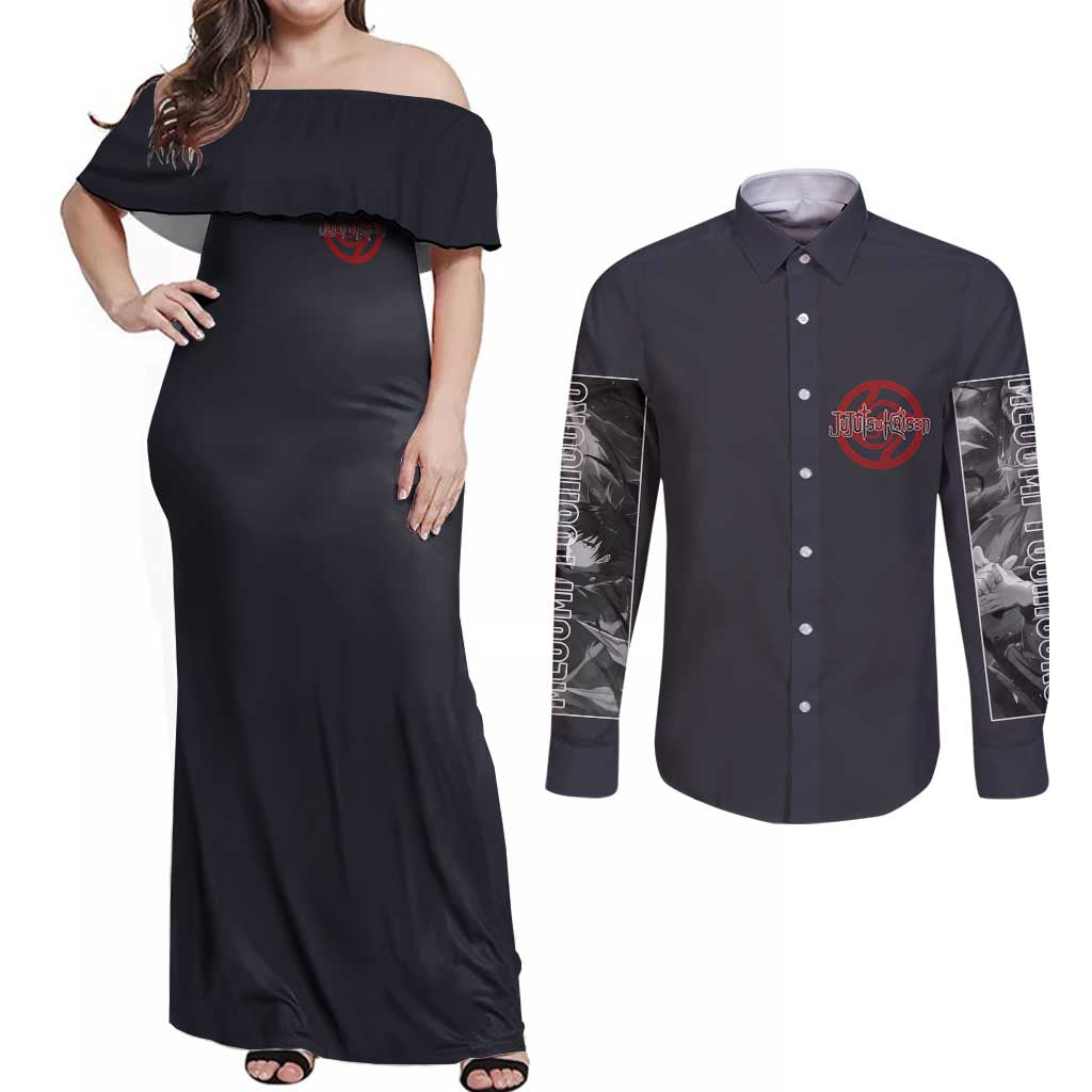 Fushiguro Megumi Jujutsu Kaisen Couples Matching Off Shoulder Maxi Dress and Long Sleeve Button Shirt Anime Style