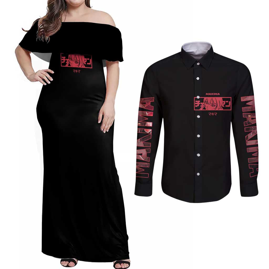 Makima Chainsaw Man Couples Matching Off Shoulder Maxi Dress and Long Sleeve Button Shirt Anime Style