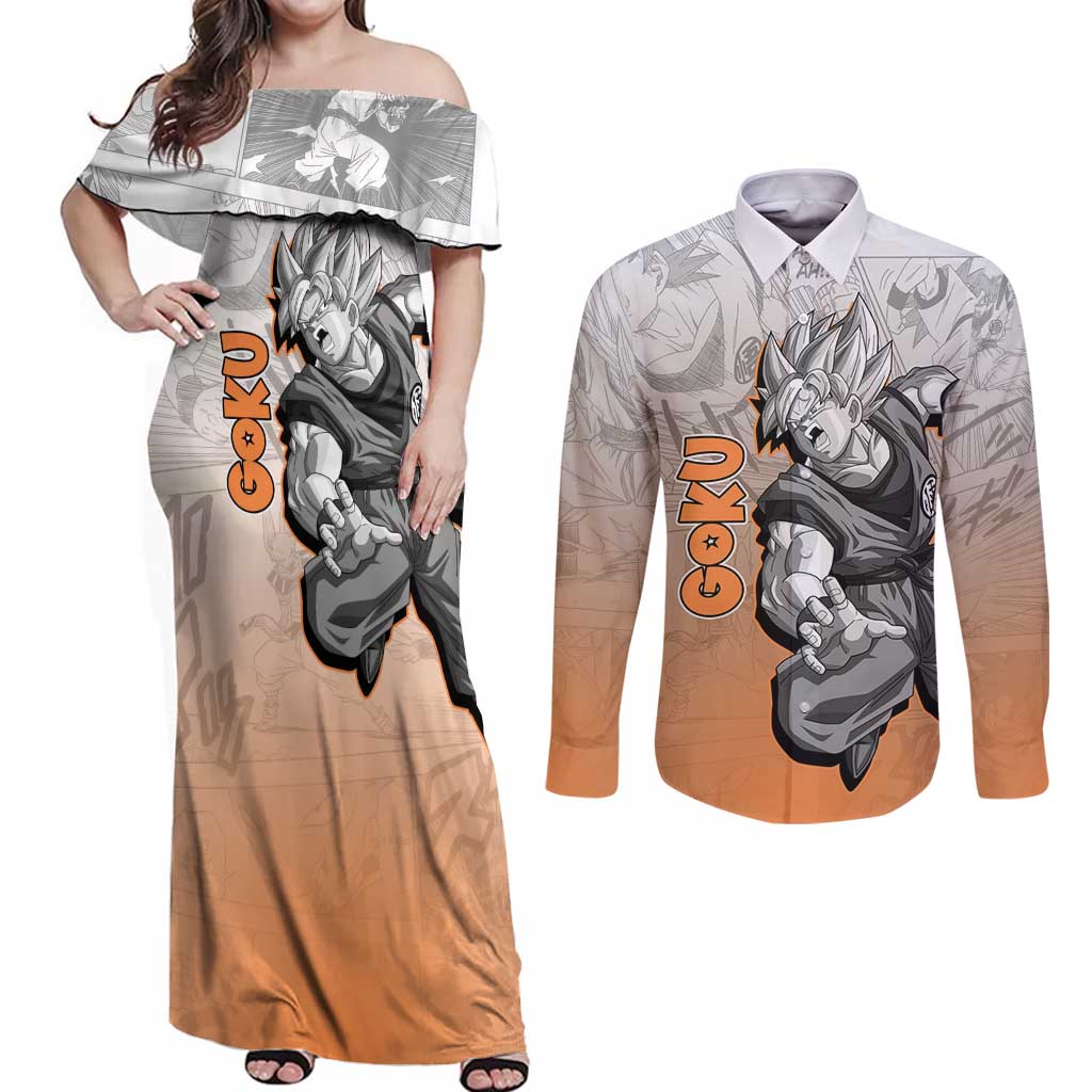 Goku - Dragonball Couples Matching Off Shoulder Maxi Dress and Long Sleeve Button Shirt Anime Mix Manga Style