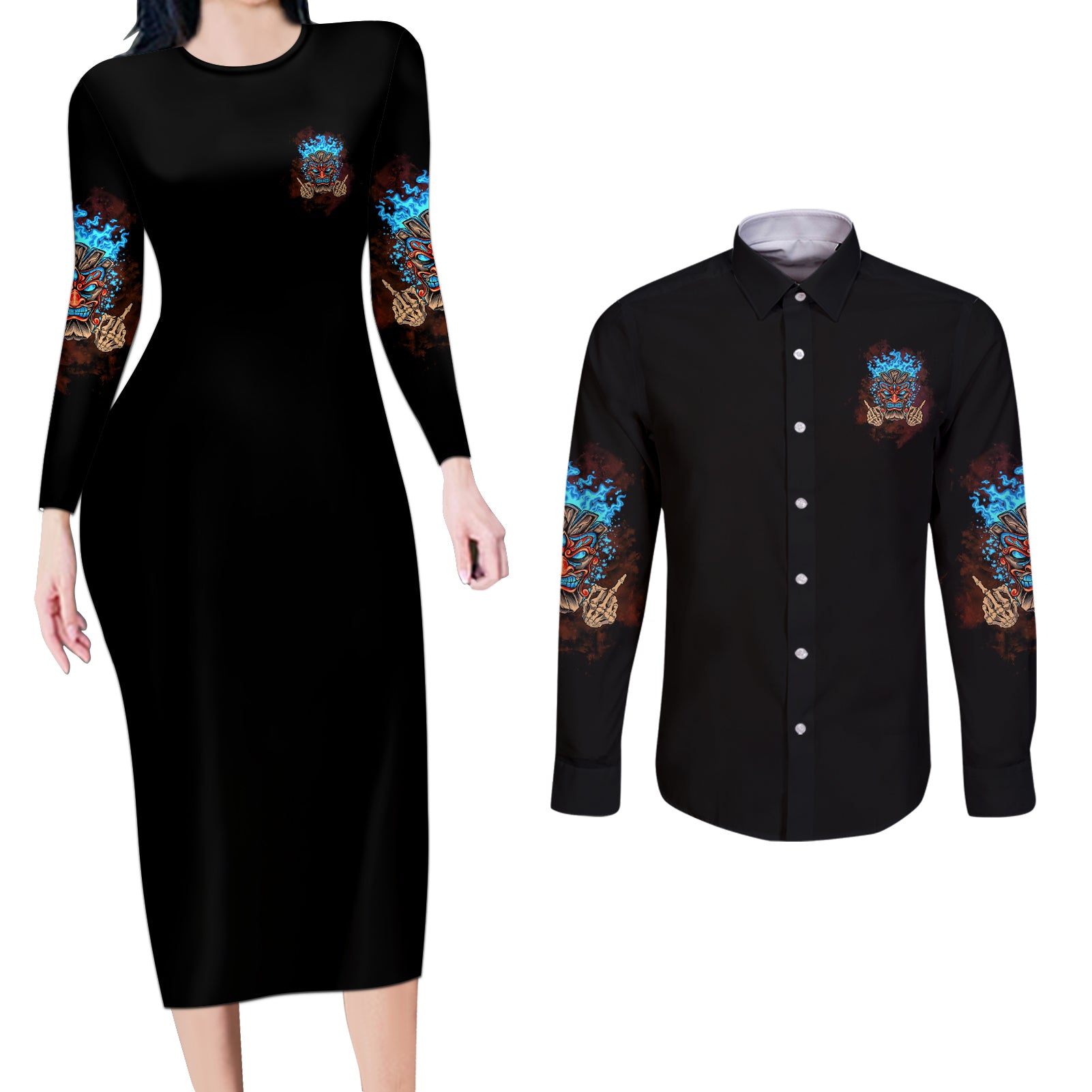 which-lucky-one-are-you-skull-tiki-couples-matching-long-sleeve-bodycon-dress-and-long-sleeve-button-shirt