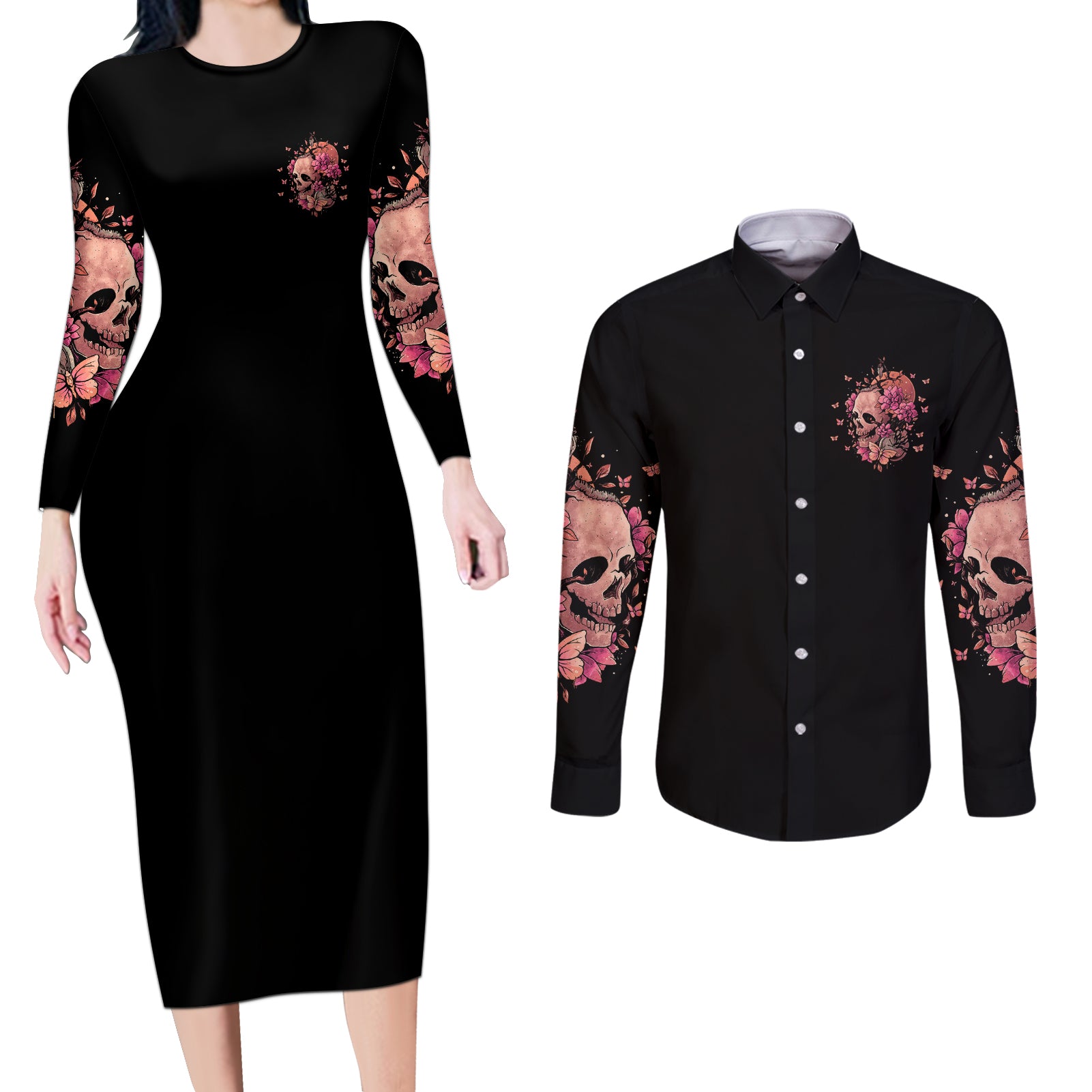 i-am-a-sweet-girl-flower-skull-couples-matching-long-sleeve-bodycon-dress-and-long-sleeve-button-shirt