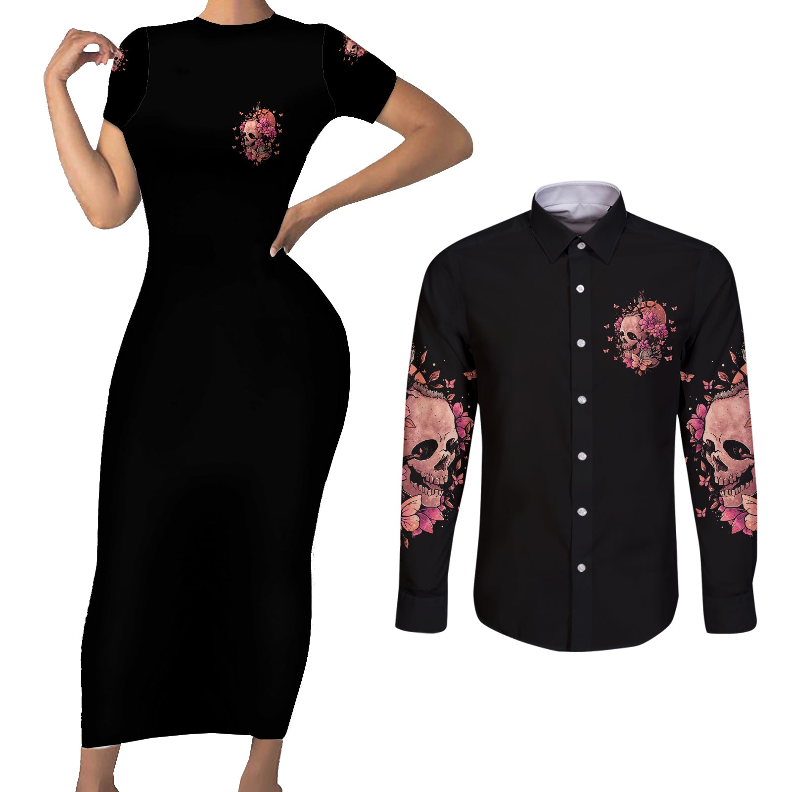 i-am-a-sweet-girl-flower-skull-couples-matching-short-sleeve-bodycon-dress-and-long-sleeve-button-shirt