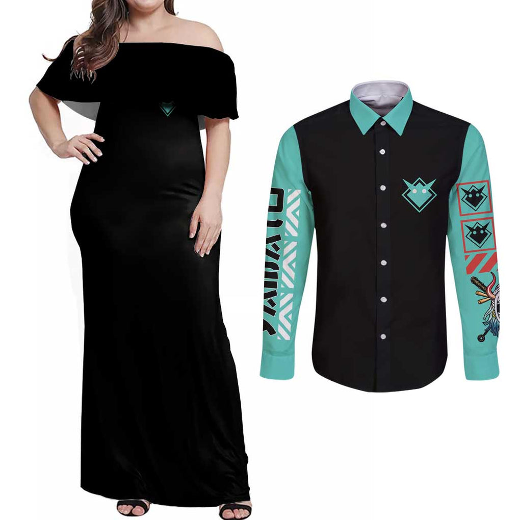 Yamato V3 One Piece Couples Matching Off Shoulder Maxi Dress and Long Sleeve Button Shirt Abtract Style