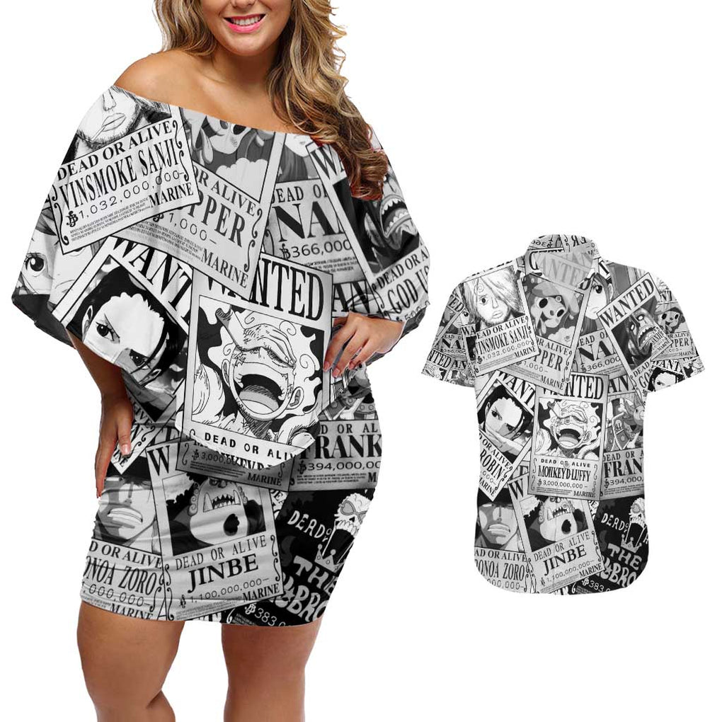 Straw Hat Wanted Pattern One Piece Couples Matching Off Shoulder Short Dress and Hawaiian Shirt Anime Mix Manga Style