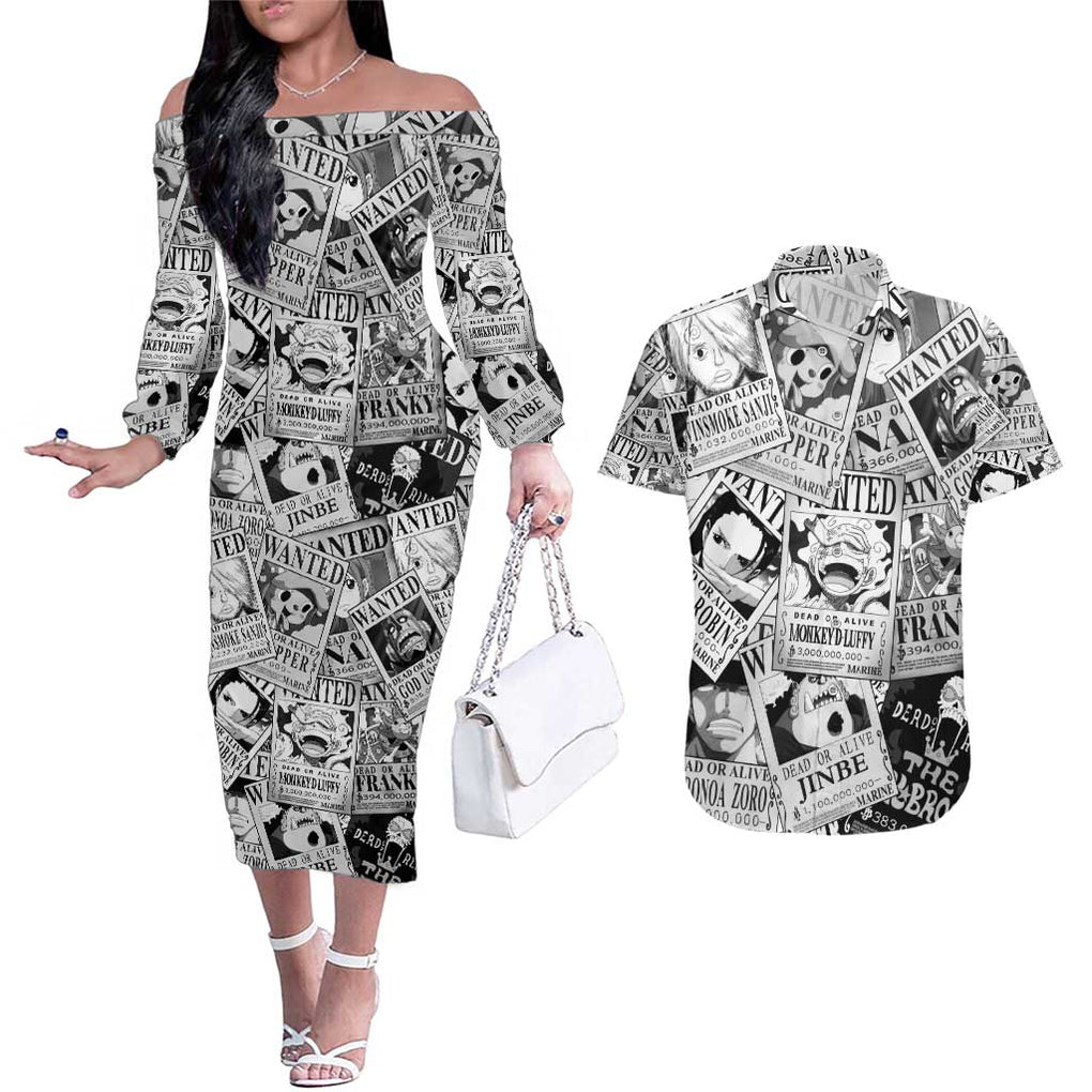 Straw Hat Wanted Pattern One Piece Couples Matching Off The Shoulder Long Sleeve Dress and Hawaiian Shirt Anime Mix Manga Style