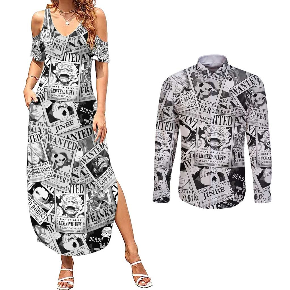 Straw Hat Wanted Pattern One Piece Couples Matching Summer Maxi Dress and Long Sleeve Button Shirt Anime Mix Manga Style