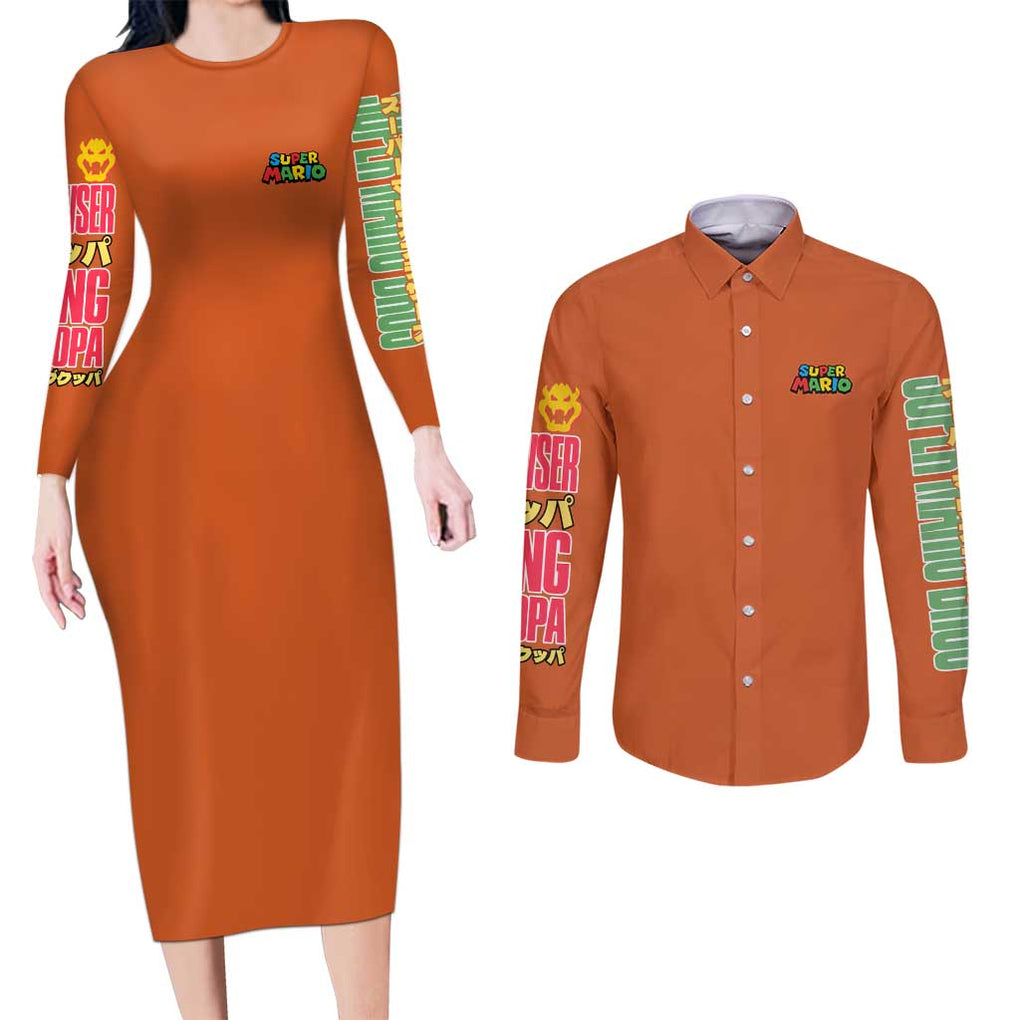 Bowser Mario Bros Couples Matching Long Sleeve Bodycon Dress and Long Sleeve Button Shirt Anime Style