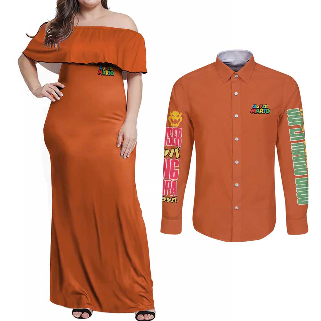 Bowser Mario Bros Couples Matching Off Shoulder Maxi Dress and Long Sleeve Button Shirt Anime Style