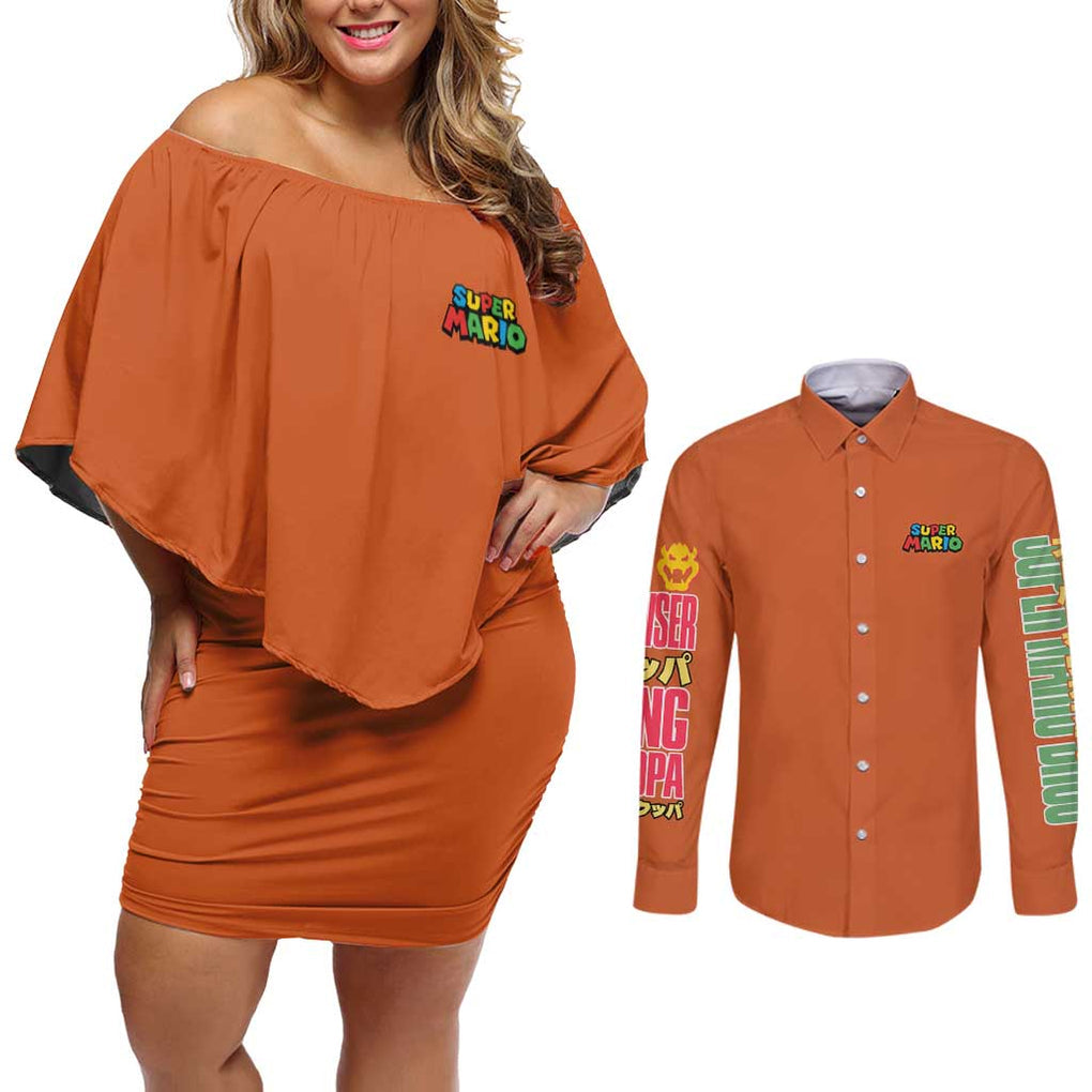 Bowser Mario Bros Couples Matching Off Shoulder Short Dress and Long Sleeve Button Shirt Anime Style