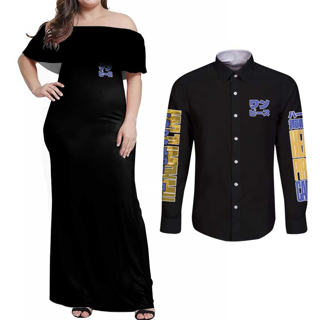 Trafalgar D. Law V3 One Piece Couples Matching Off Shoulder Maxi Dress and Long Sleeve Button Shirt Anime Style