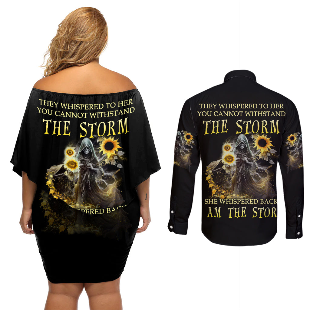 i-am-the-storm-reaper-sunflower-roses-wings-couples-matching-off-shoulder-short-dress-and-long-sleeve-button-shirt