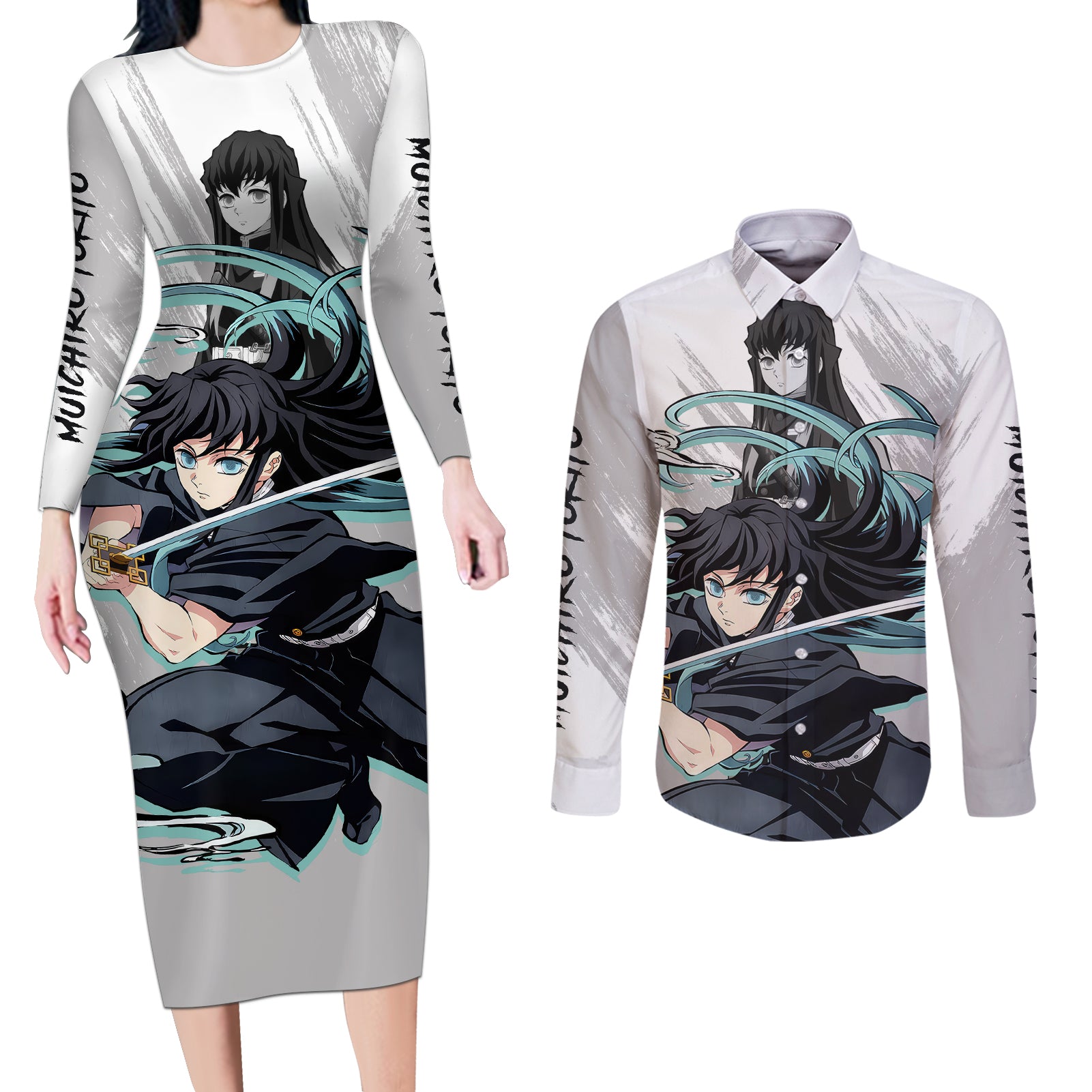 Muichiro Tokito Couples Matching Long Sleeve Bodycon Dress and Long Sleeve Button Shirt Demon Slayer