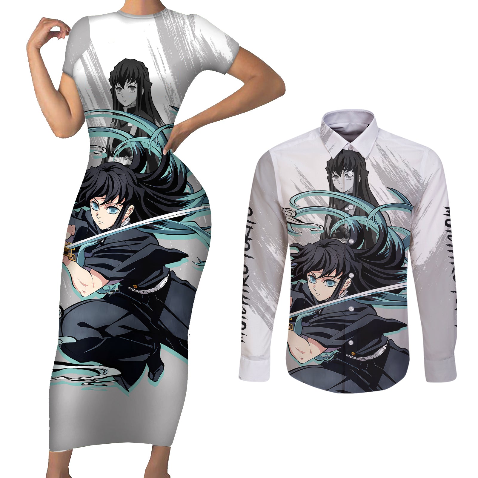 Muichiro Tokito Couples Matching Short Sleeve Bodycon Dress and Long Sleeve Button Shirt Demon Slayer