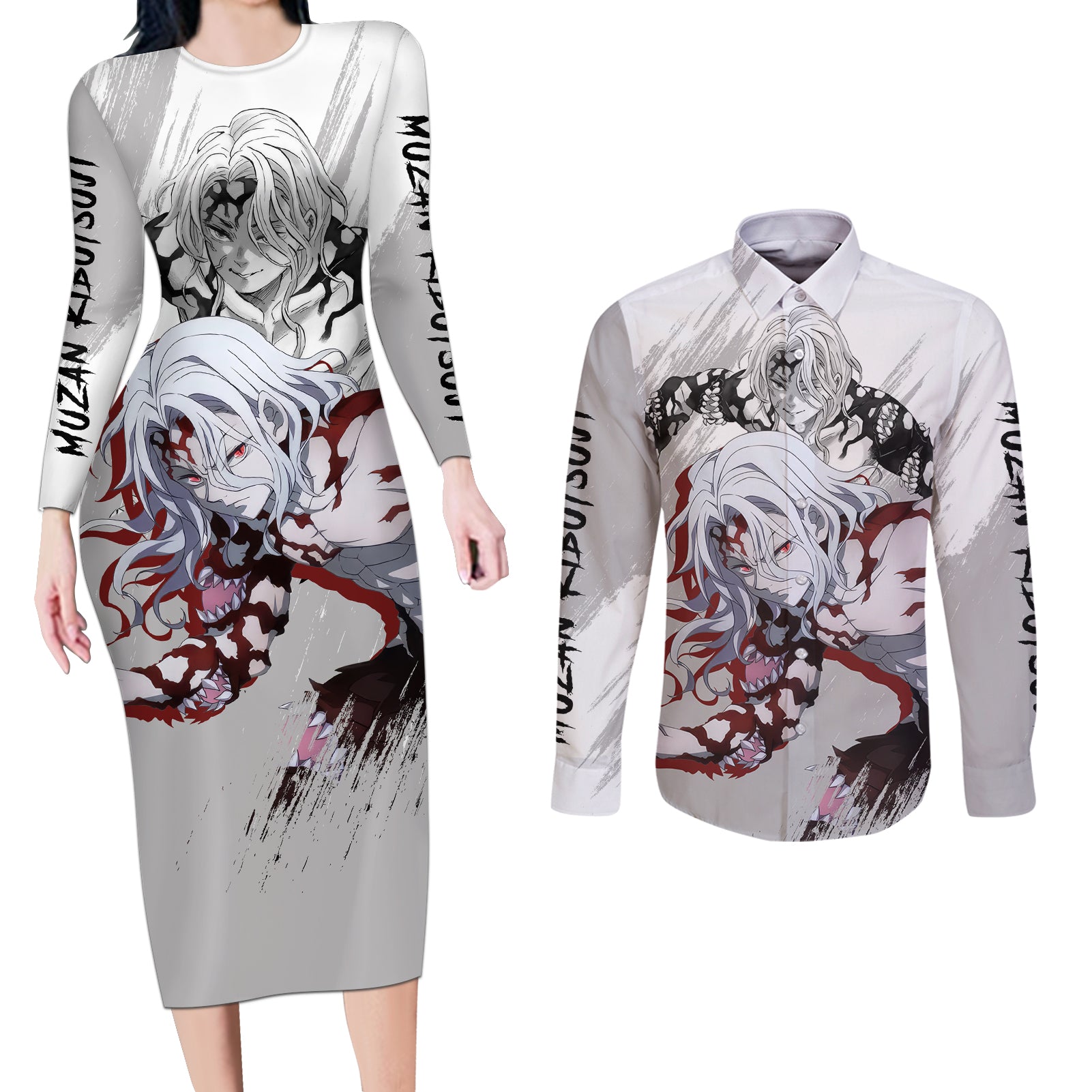 Muzan Kibutsuji Couples Matching Long Sleeve Bodycon Dress and Long Sleeve Button Shirt Demon Slayer