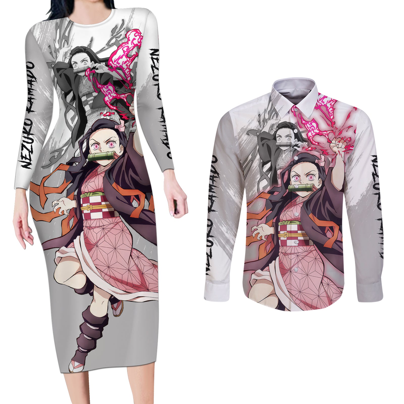 Nezuko Couples Matching Long Sleeve Bodycon Dress and Long Sleeve Button Shirt Demon Slayer