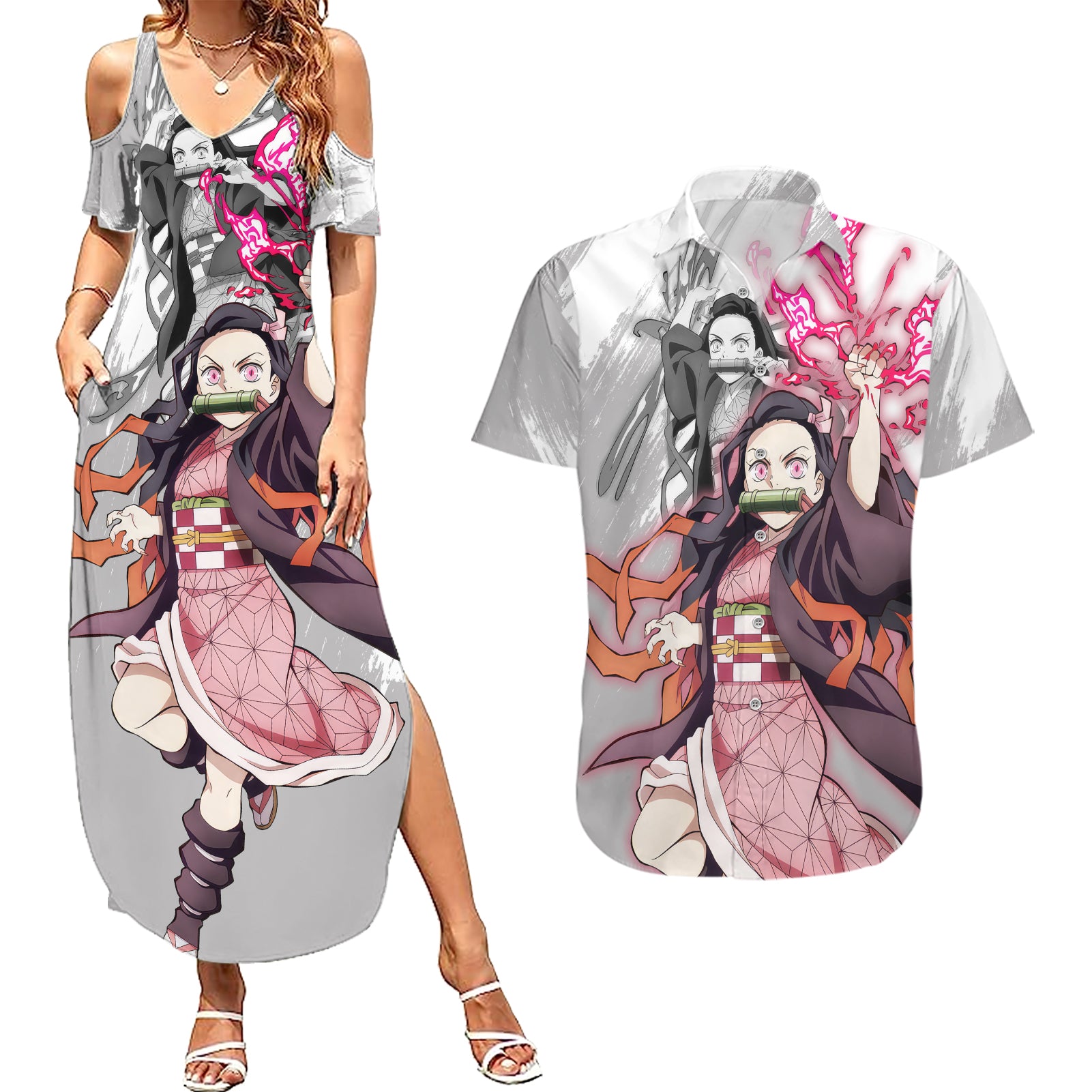 Nezuko Couples Matching Summer Maxi Dress and Hawaiian Shirt Demon Slayer