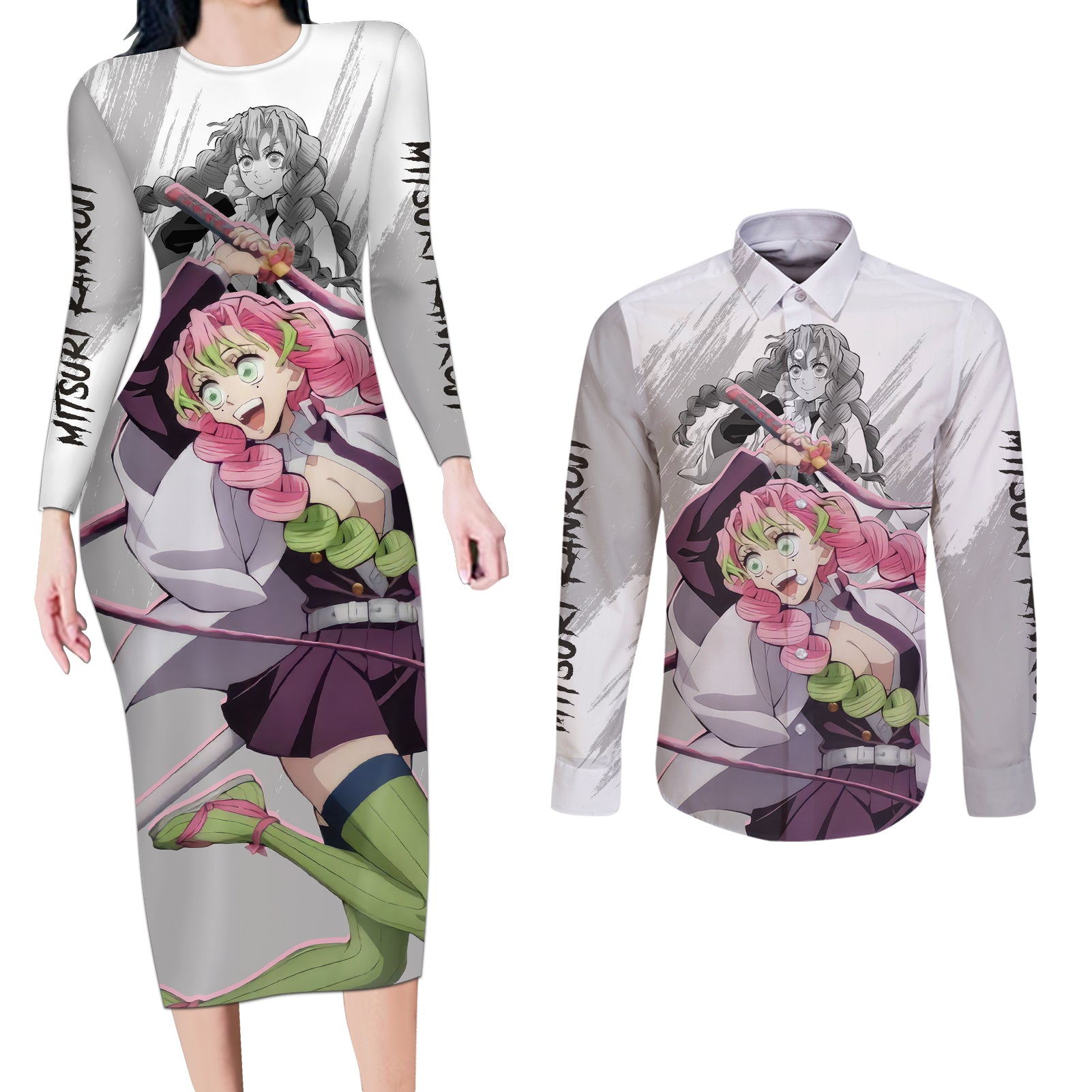 Mitsuri Kanroji Couples Matching Long Sleeve Bodycon Dress and Long Sleeve Button Shirt Demon Slayer