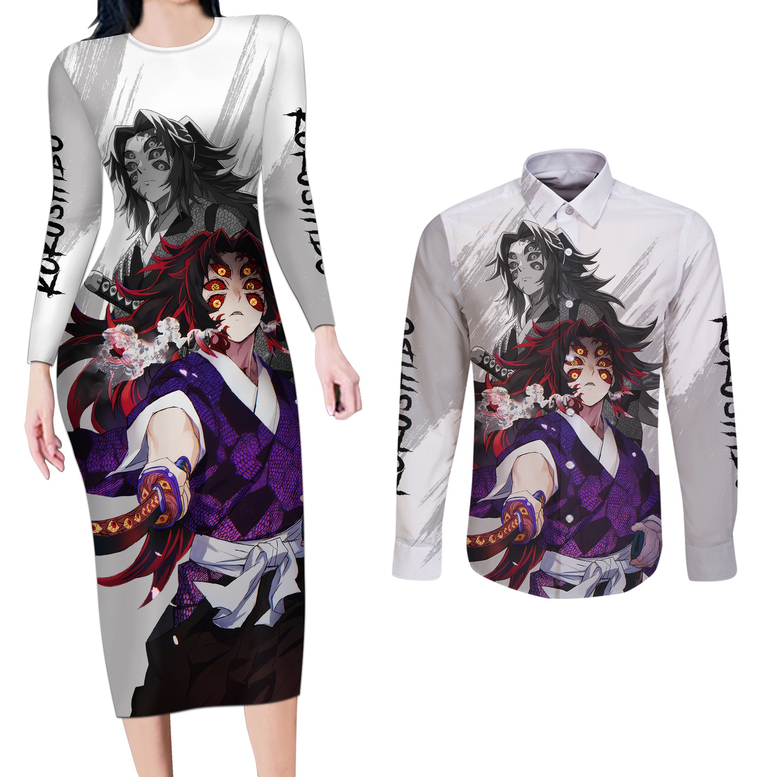 Kokushibo Couples Matching Long Sleeve Bodycon Dress and Long Sleeve Button Shirt Demon Slayer