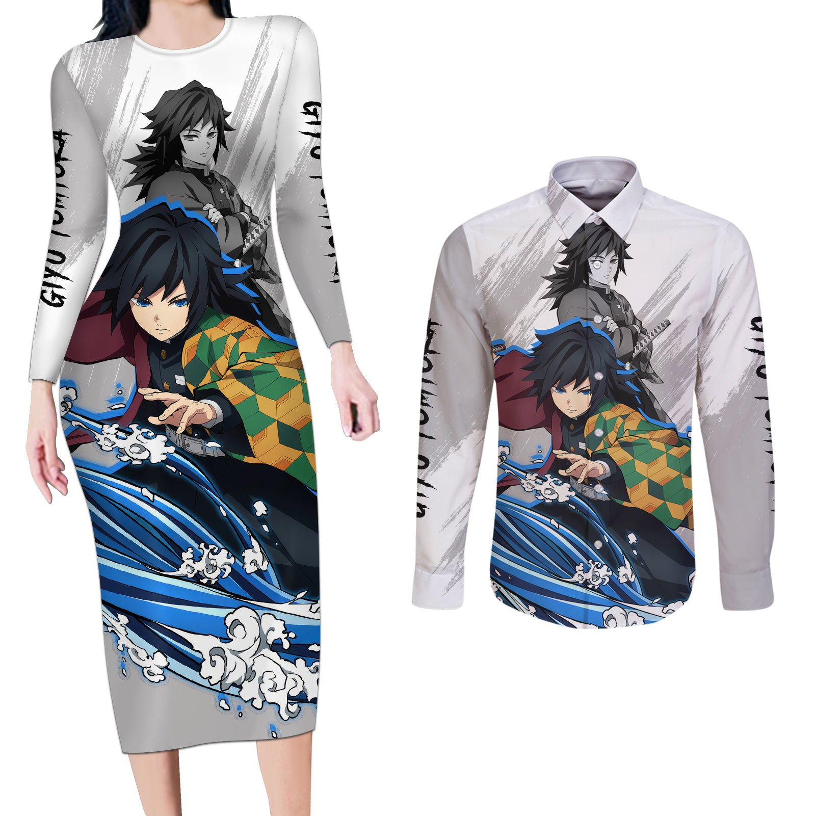 Giyu Tomioka Couples Matching Long Sleeve Bodycon Dress and Long Sleeve Button Shirt Demon Slayer