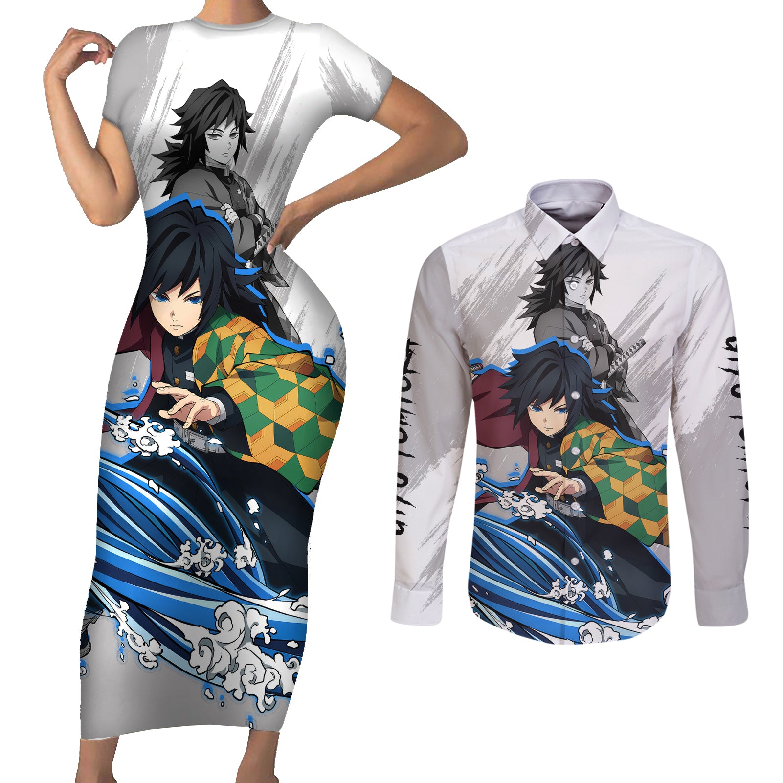 Giyu Tomioka Couples Matching Short Sleeve Bodycon Dress and Long Sleeve Button Shirt Demon Slayer