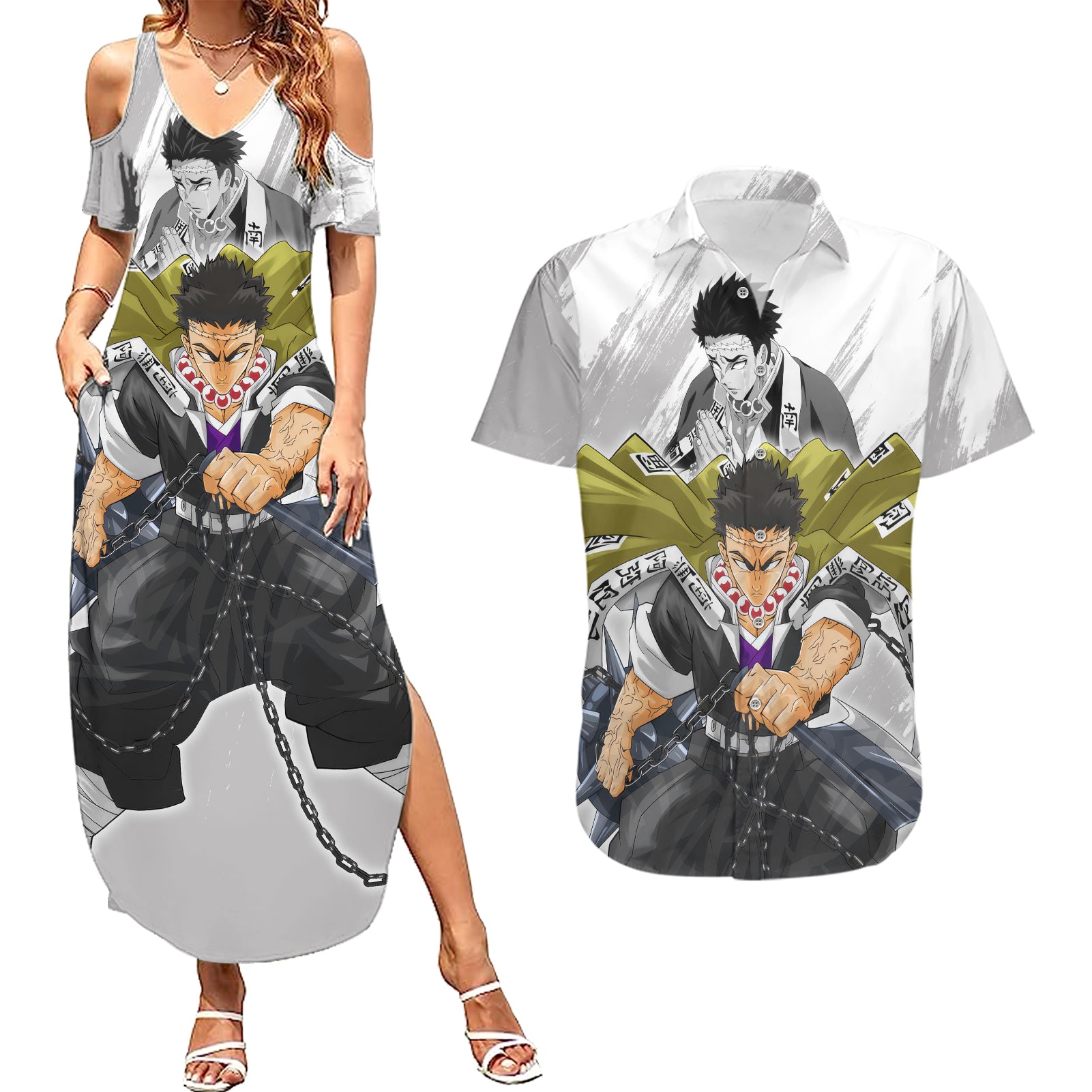 Gyomei Himejima Couples Matching Summer Maxi Dress and Hawaiian Shirt Demon Slayer