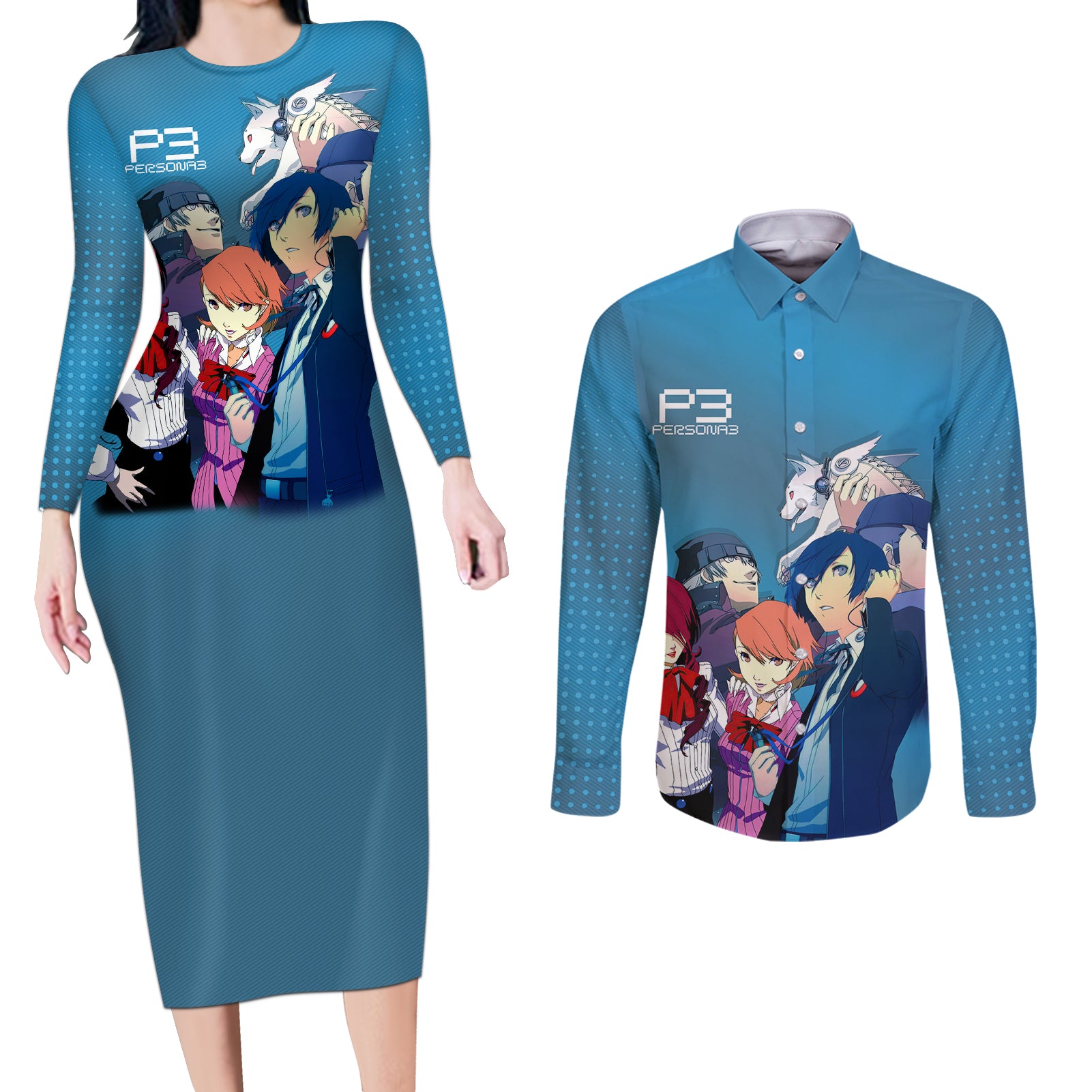 Persona 3 Team Couples Matching Long Sleeve Bodycon Dress and Long Sleeve Button Shirt