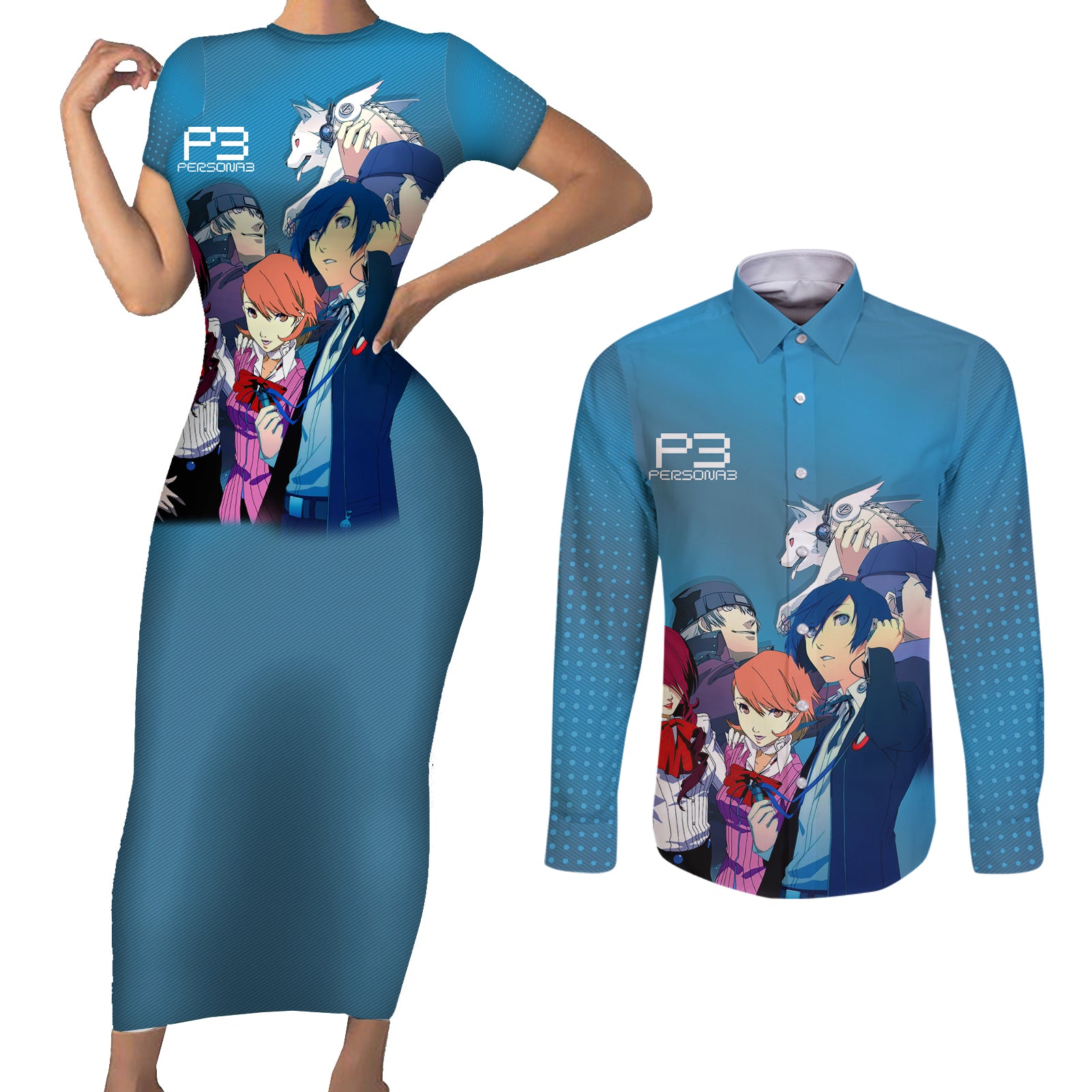 Persona 3 Team Couples Matching Short Sleeve Bodycon Dress and Long Sleeve Button Shirt