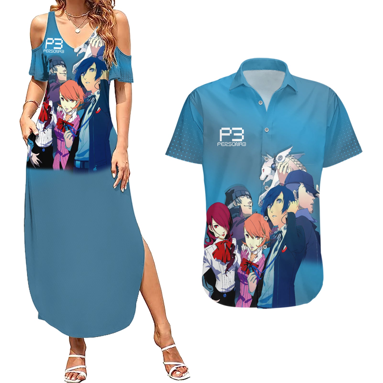 Persona 3 Team Couples Matching Summer Maxi Dress and Hawaiian Shirt