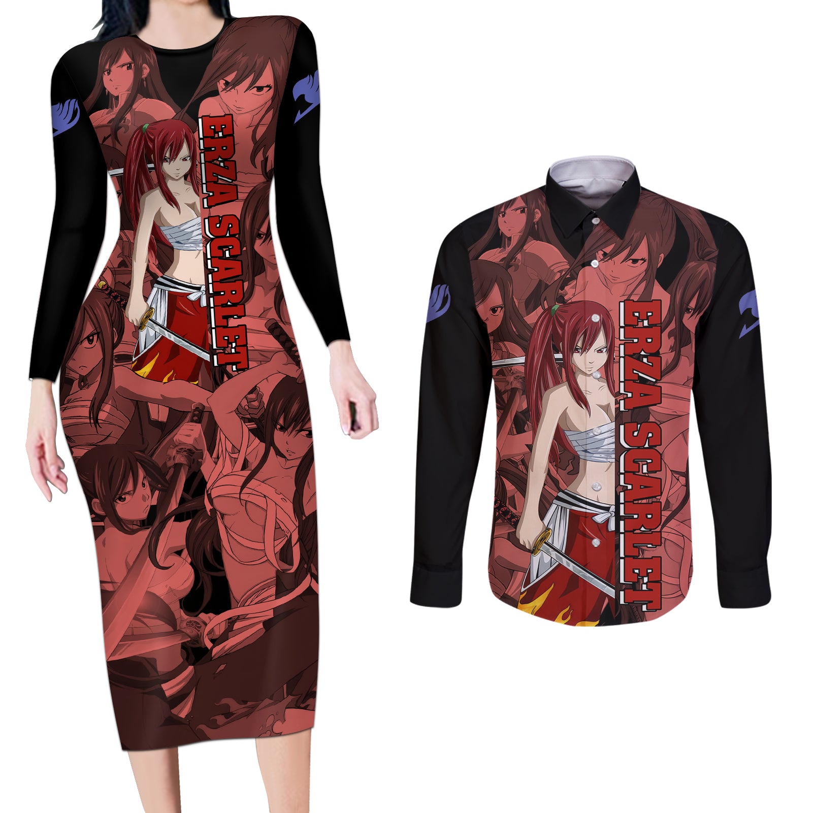 Erza Scarlet Fairy Tail Couples Matching Long Sleeve Bodycon Dress and Long Sleeve Button Shirt Anime Mix Manga Style