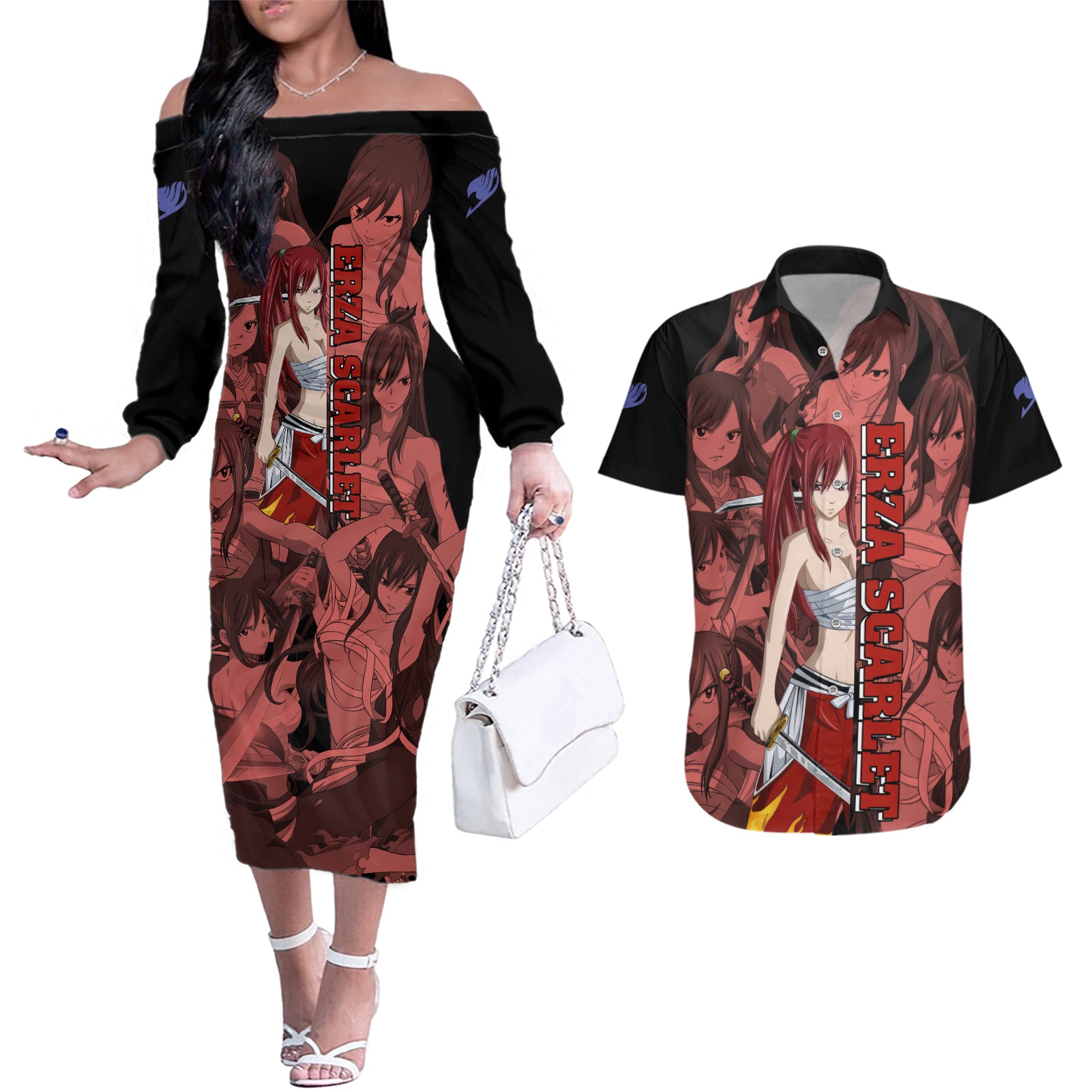 Erza Scarlet Fairy Tail Couples Matching Off The Shoulder Long Sleeve Dress and Hawaiian Shirt Anime Mix Manga Style