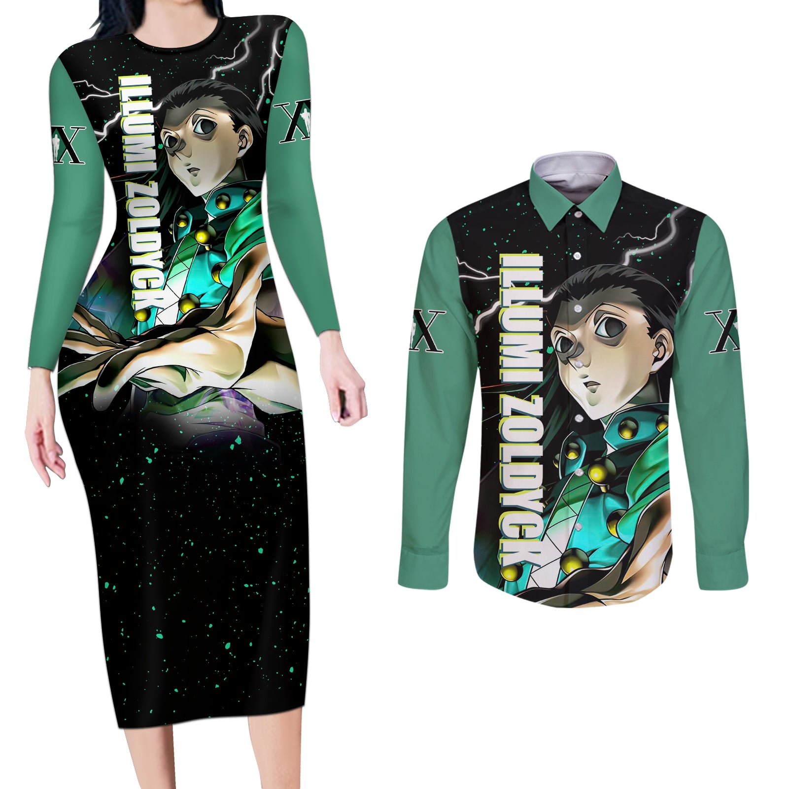 Illumi Zoldyck Couples Matching Long Sleeve Bodycon Dress and Long Sleeve Button Shirt Hunter X Hunter