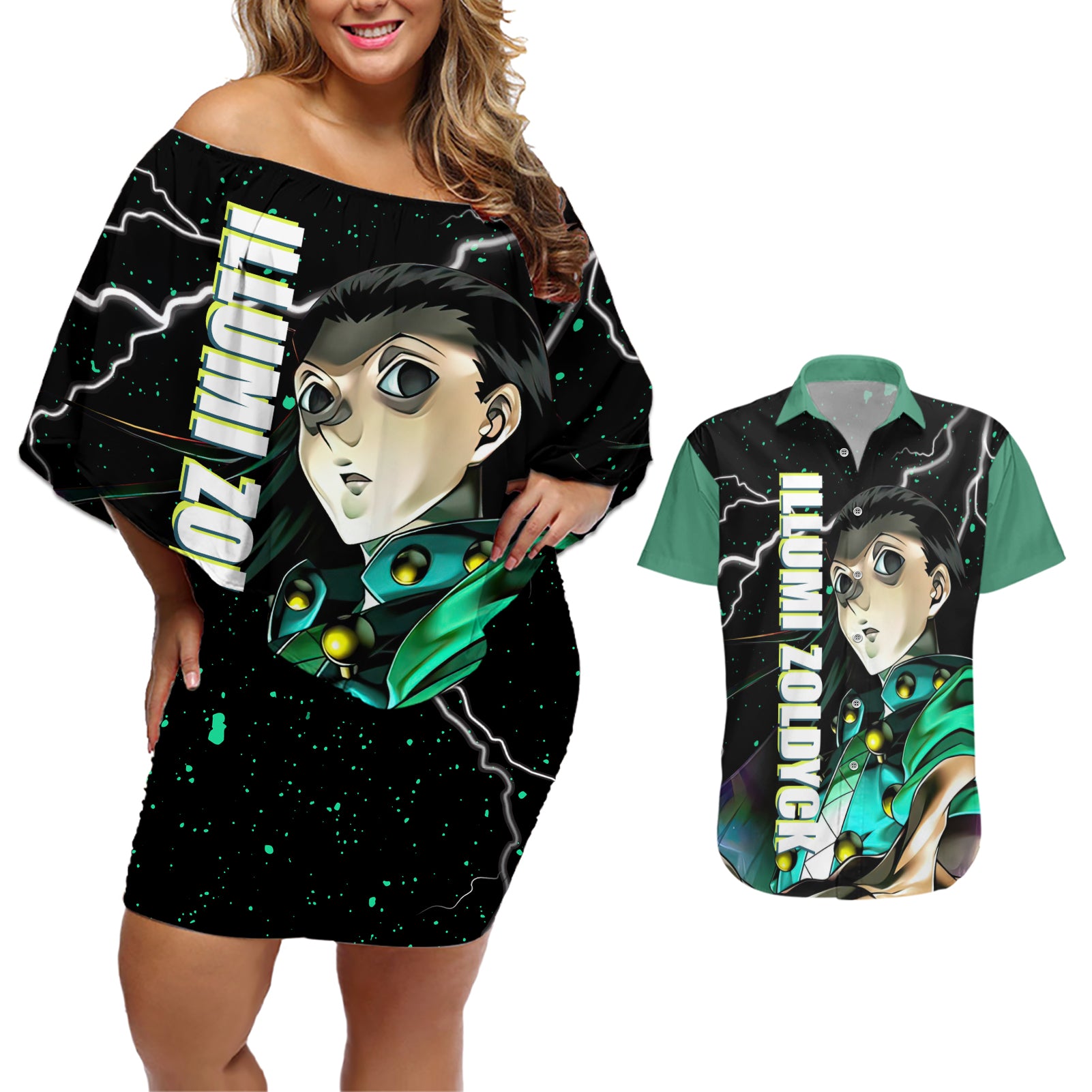 Illumi Zoldyck Couples Matching Off Shoulder Short Dress and Hawaiian Shirt Hunter X Hunter