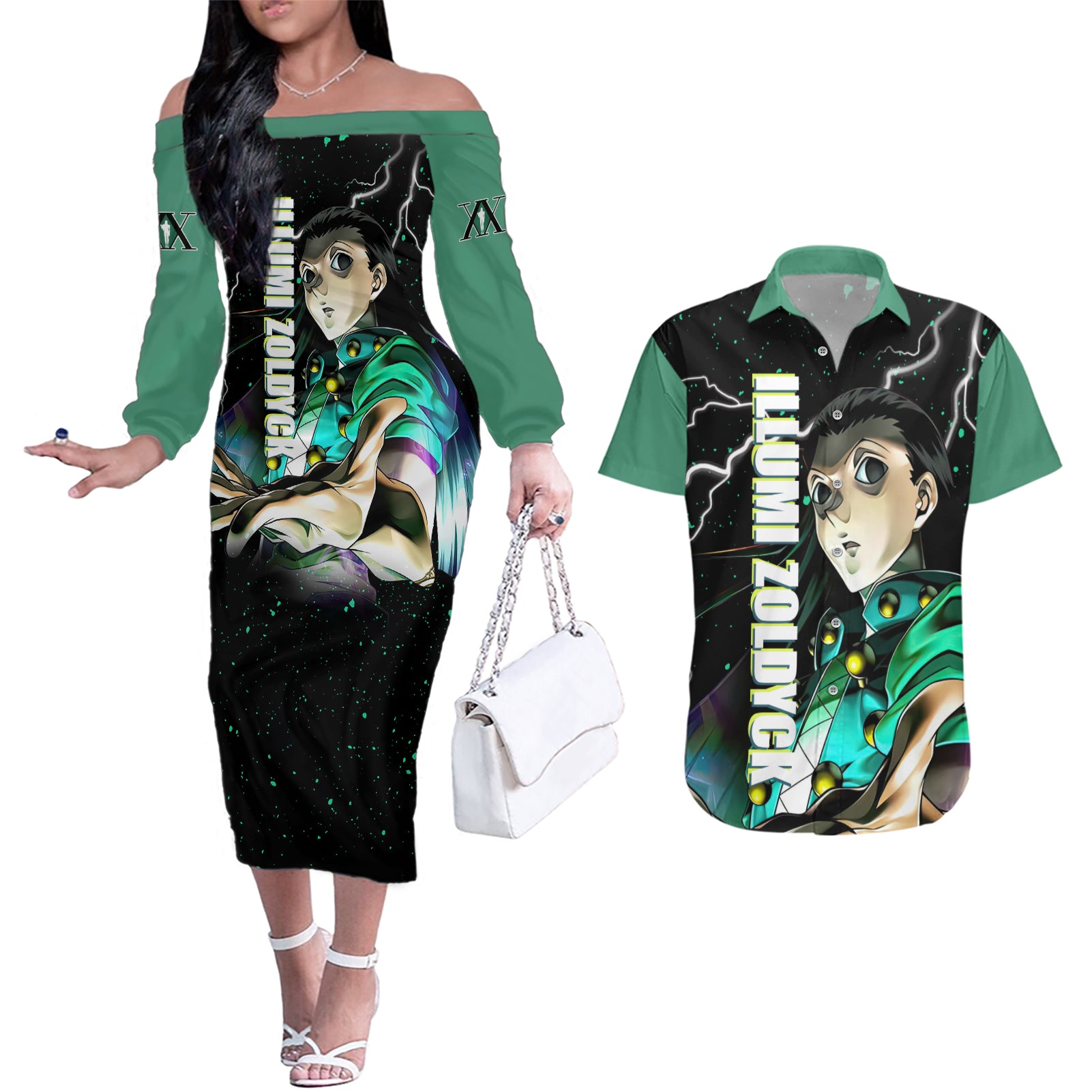 Illumi Zoldyck Couples Matching Off The Shoulder Long Sleeve Dress and Hawaiian Shirt Hunter X Hunter