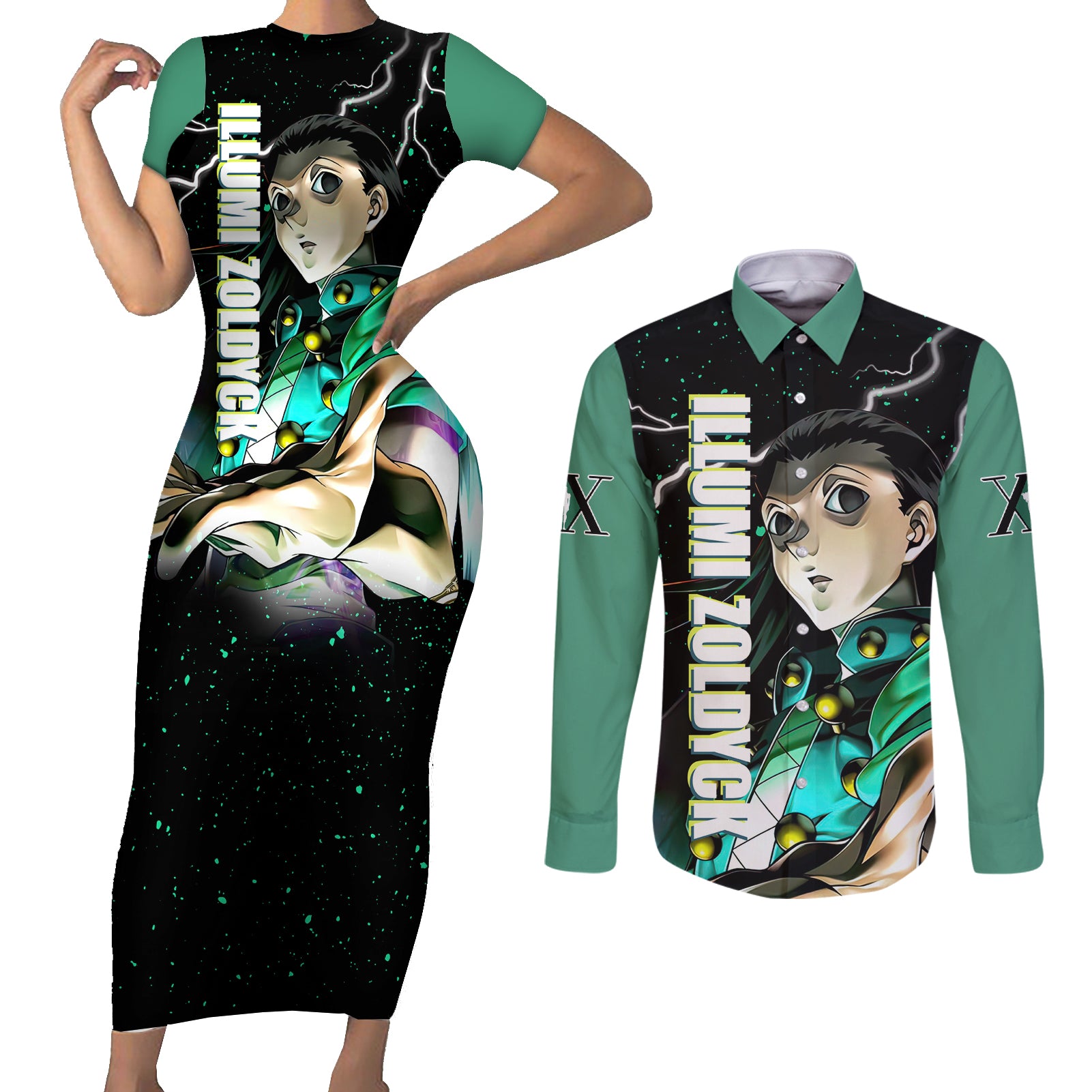 Illumi Zoldyck Couples Matching Short Sleeve Bodycon Dress and Long Sleeve Button Shirt Hunter X Hunter